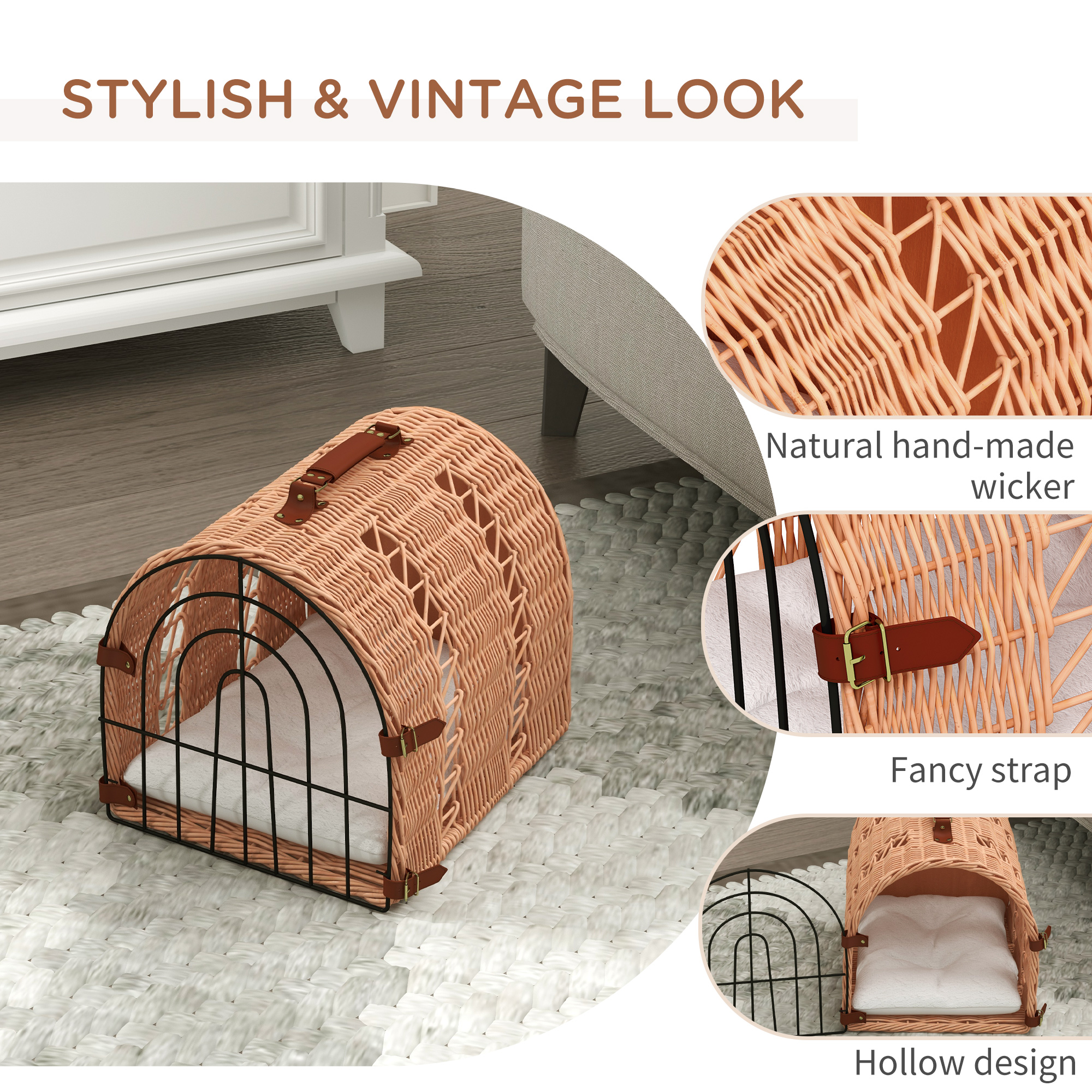 PawHut Rattan Cat Transport Basket, Cosy Kitten Bed with Soft Pillow, Portable Pet Hideaway, 37 x 28 x 29 cm, Orange