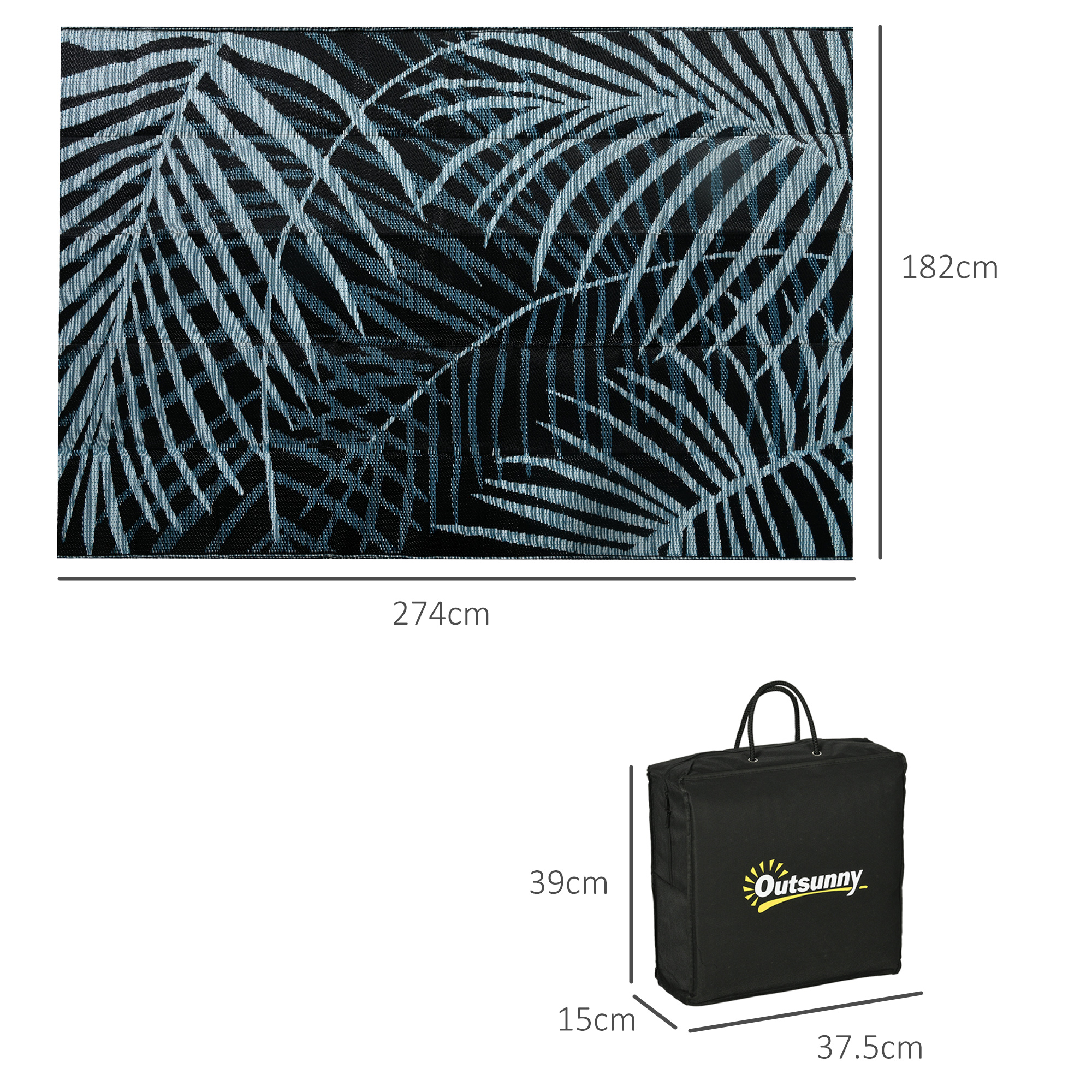 Outsunny Plastic Straw Reversible RV Outdoor Rug with Carry Bag, 182 x 274cm, Blue and Black