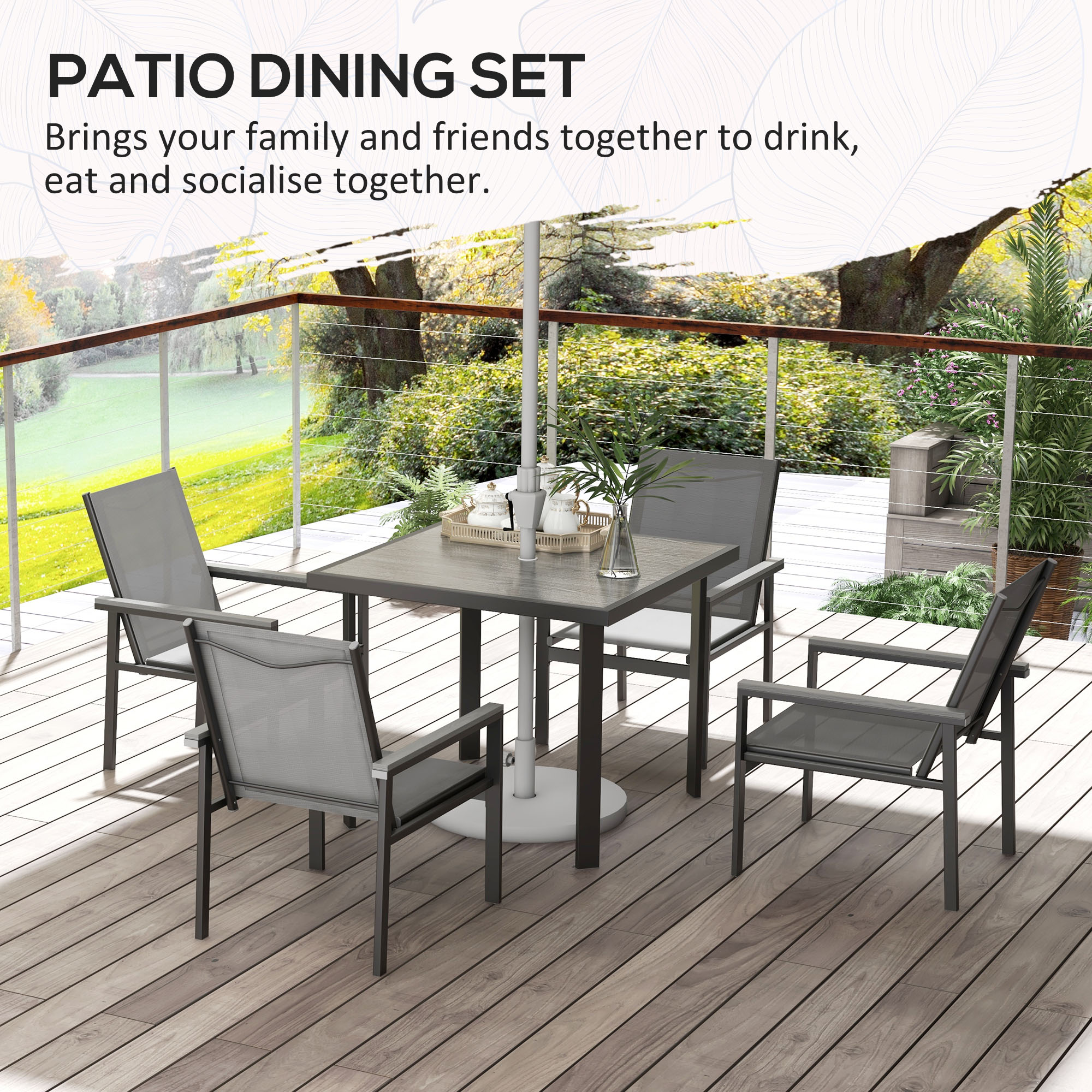 Outsunny 5 Pieces Garden Dining Set with Glass Top Dining Table, Outdoor Umbrella Hole Table and 4 Armchairs w/ Breathable Mesh Fabric Seats