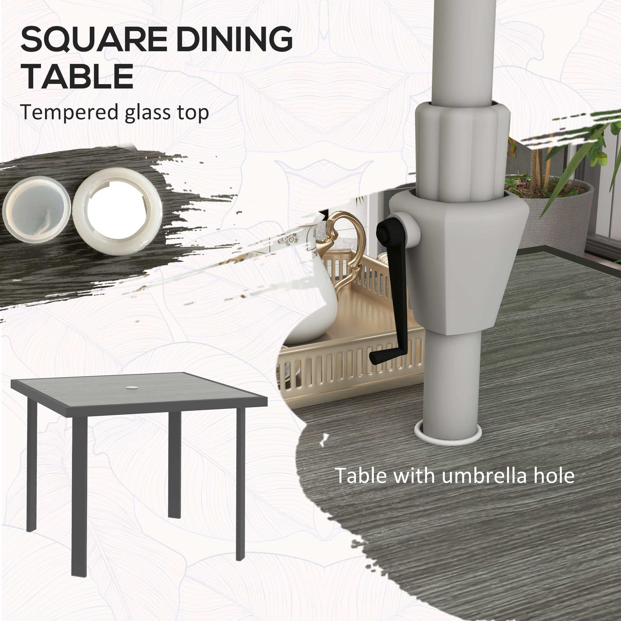Outsunny 5 Pieces Garden Dining Set with Glass Top Dining Table, Outdoor Umbrella Hole Table and 4 Armchairs w/ Breathable Mesh Fabric Seats
