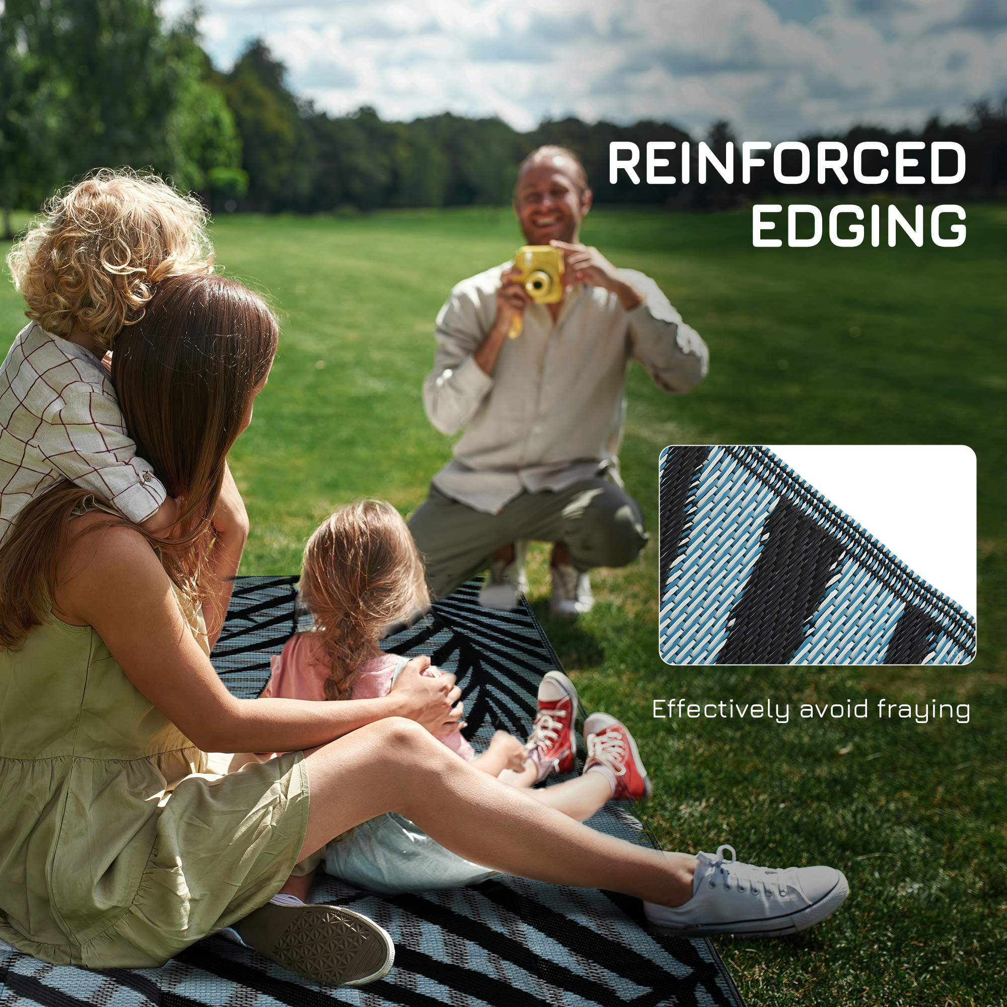 Outsunny Plastic Straw Reversible RV Outdoor Rug with Carry Bag, 182 x 274cm, Blue and Black