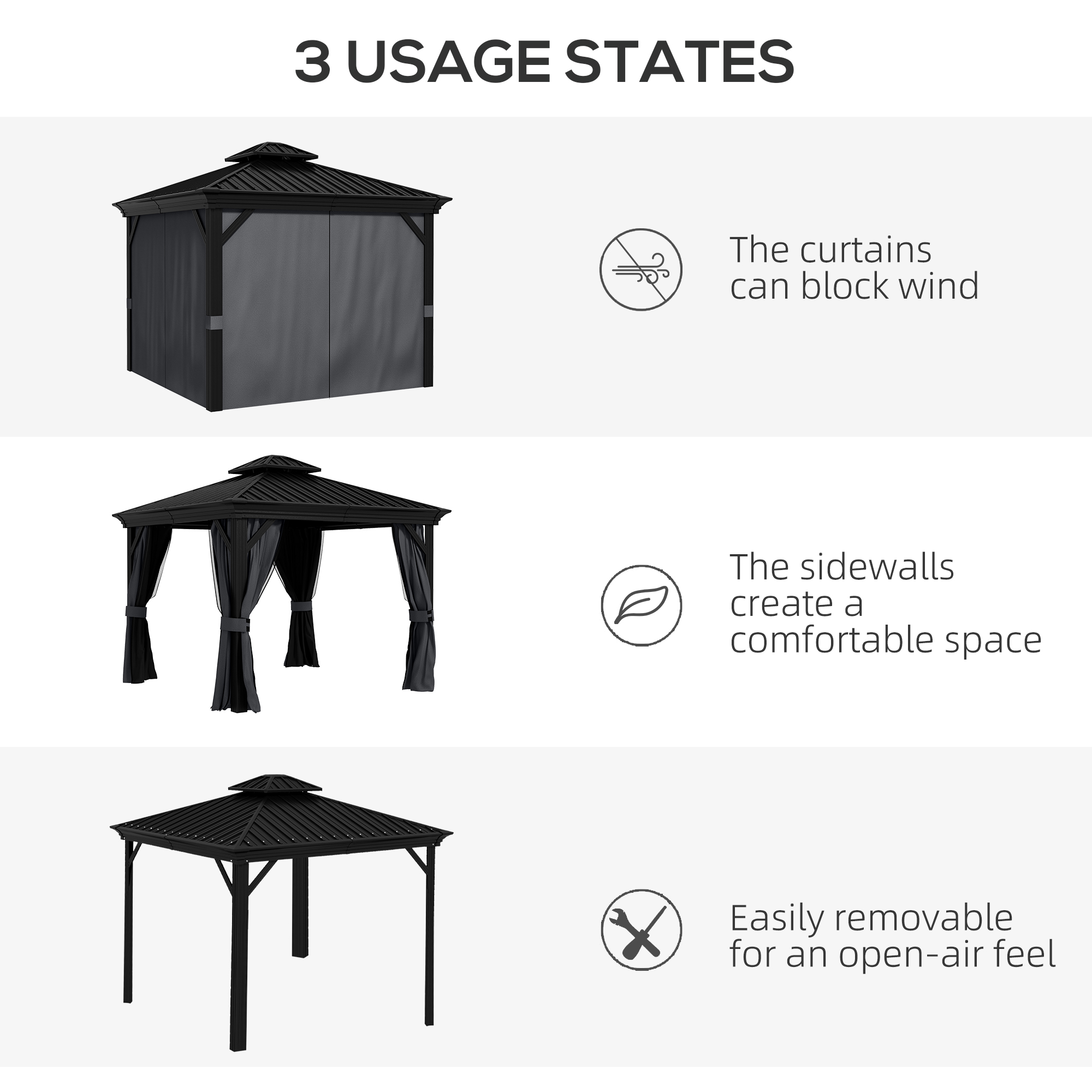 Outsunny 3 x 3.7m Outdoor Hardtop Gazebo Canopy Aluminum Frame with 2-Tier Roof & Mesh Netting Sidewalls for Patio, Dark Grey