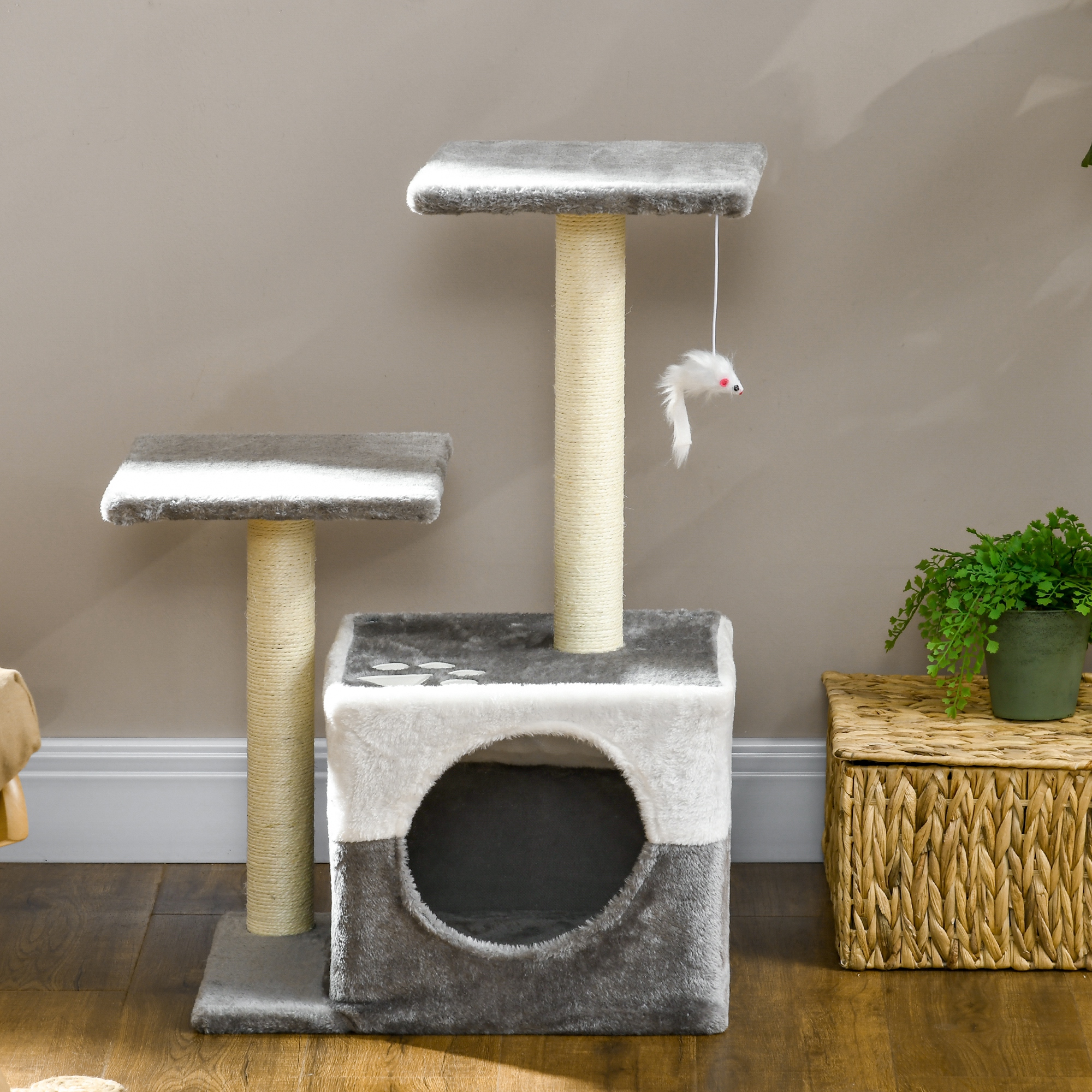 PawHut Deluxe Cat Tree with Sisal Scratching Posts, Cosy House, Elevated Perches, Playful Toy Mouse, Grey