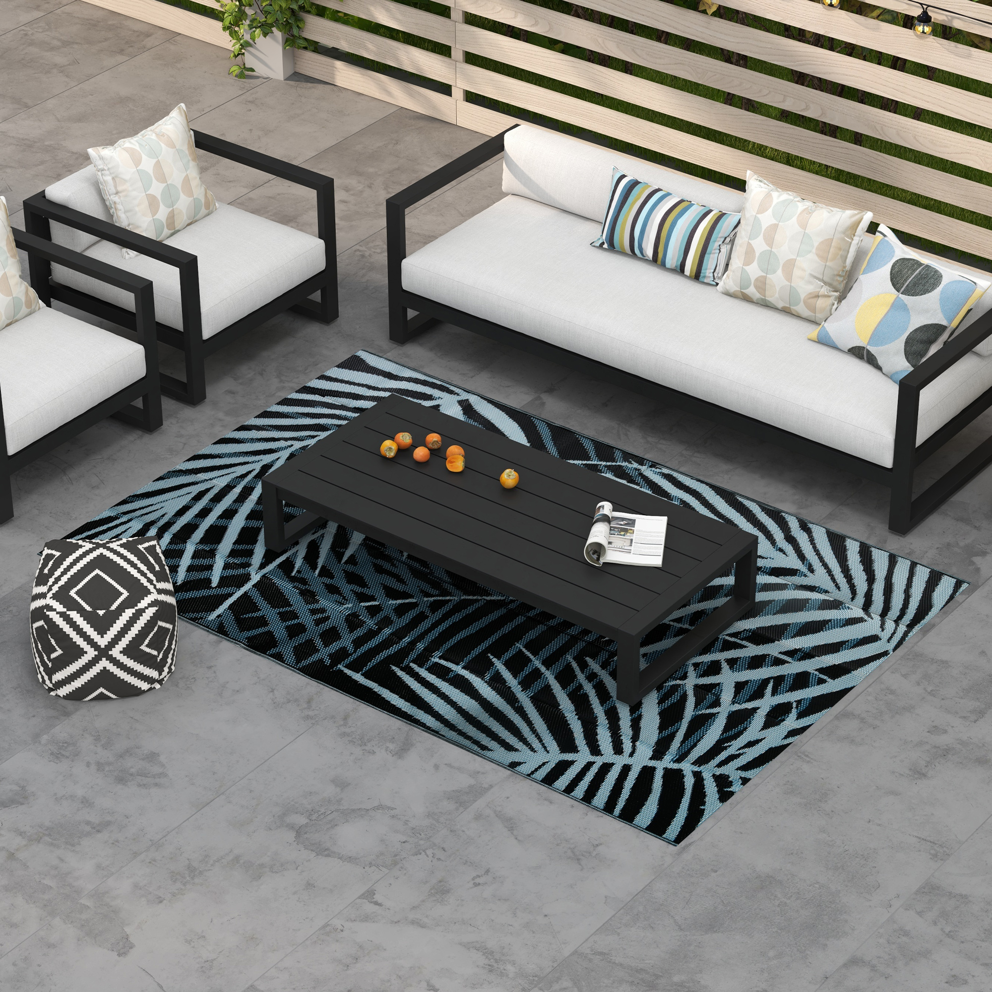 Outsunny Plastic Straw Reversible RV Outdoor Rug with Carry Bag, 182 x 274cm, Blue and Black