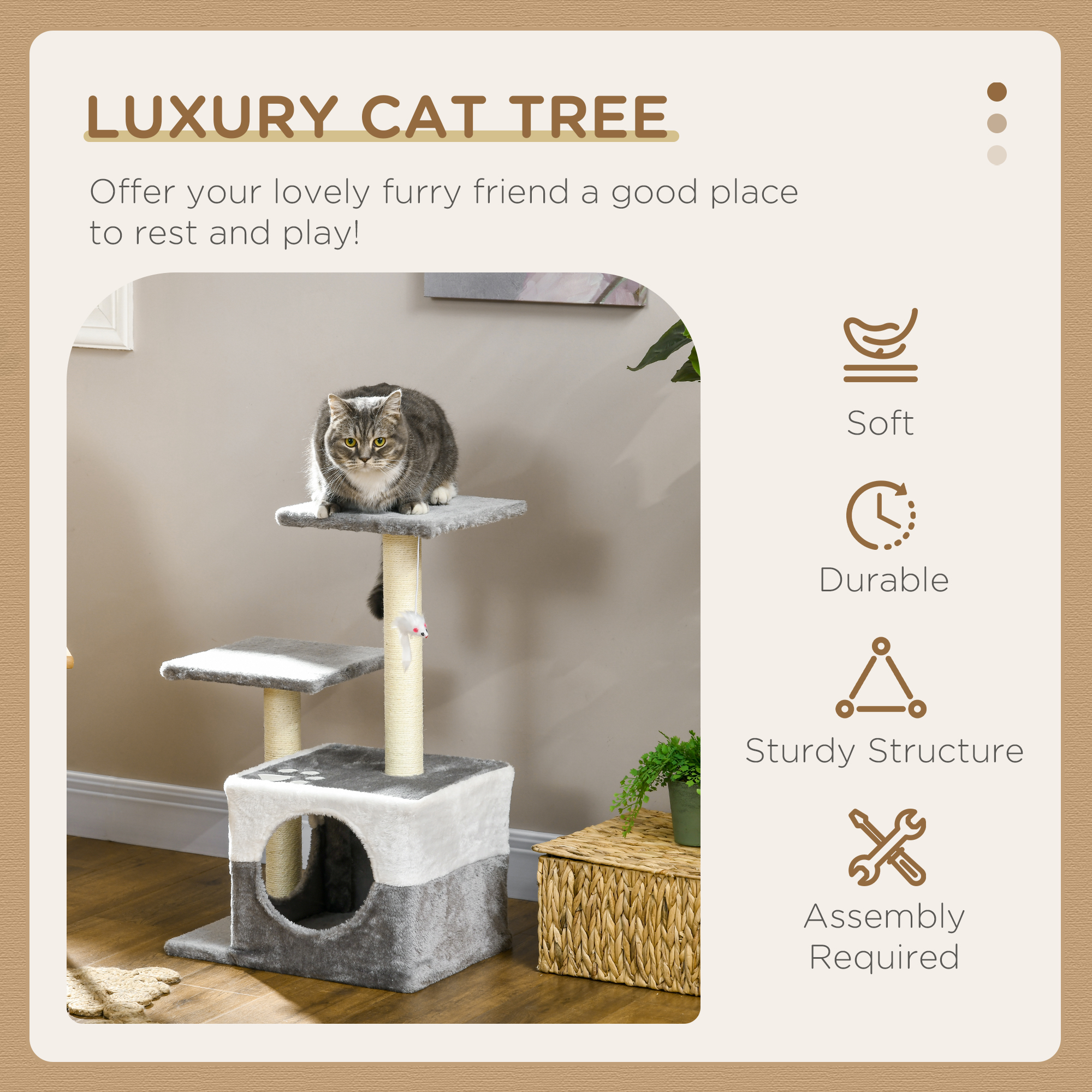 PawHut Deluxe Cat Tree with Sisal Scratching Posts, Cosy House, Elevated Perches, Playful Toy Mouse, Grey