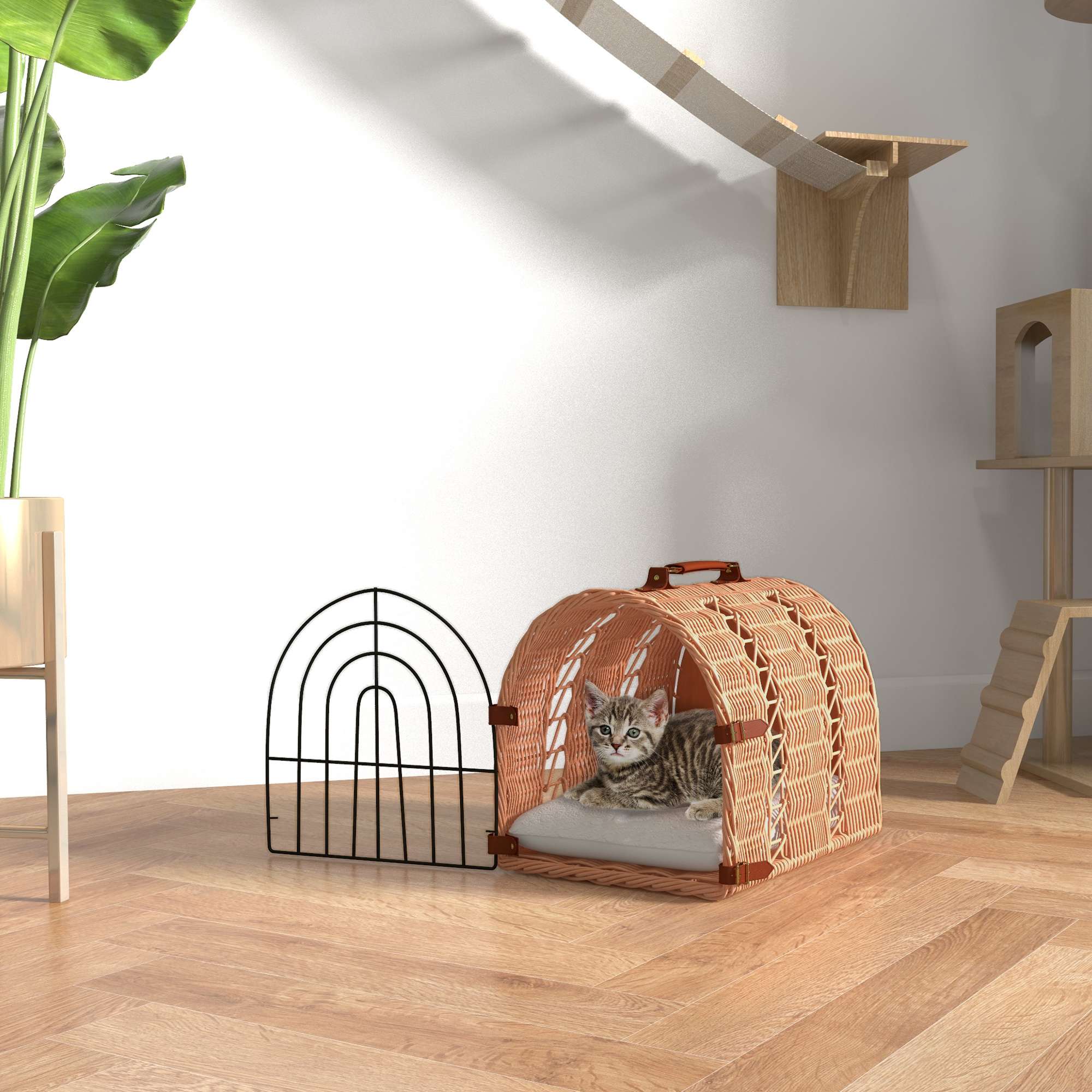 PawHut Rattan Cat Transport Basket, Cosy Kitten Bed with Soft Pillow, Portable Pet Hideaway, 37 x 28 x 29 cm, Orange