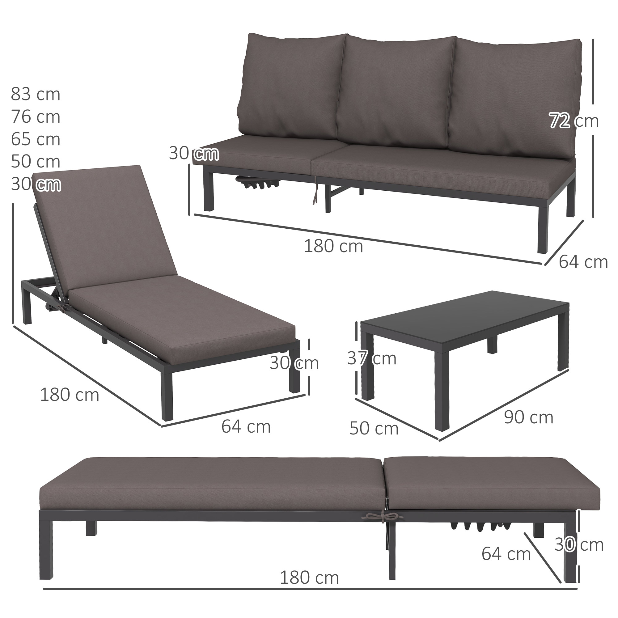 Outsunny 3 Pieces Garden Sun Loungers Set with Cushion, 5-level Adjustable Outdoor Recliner Bed Set w/ Glass Top Table, 2-In-1 Design