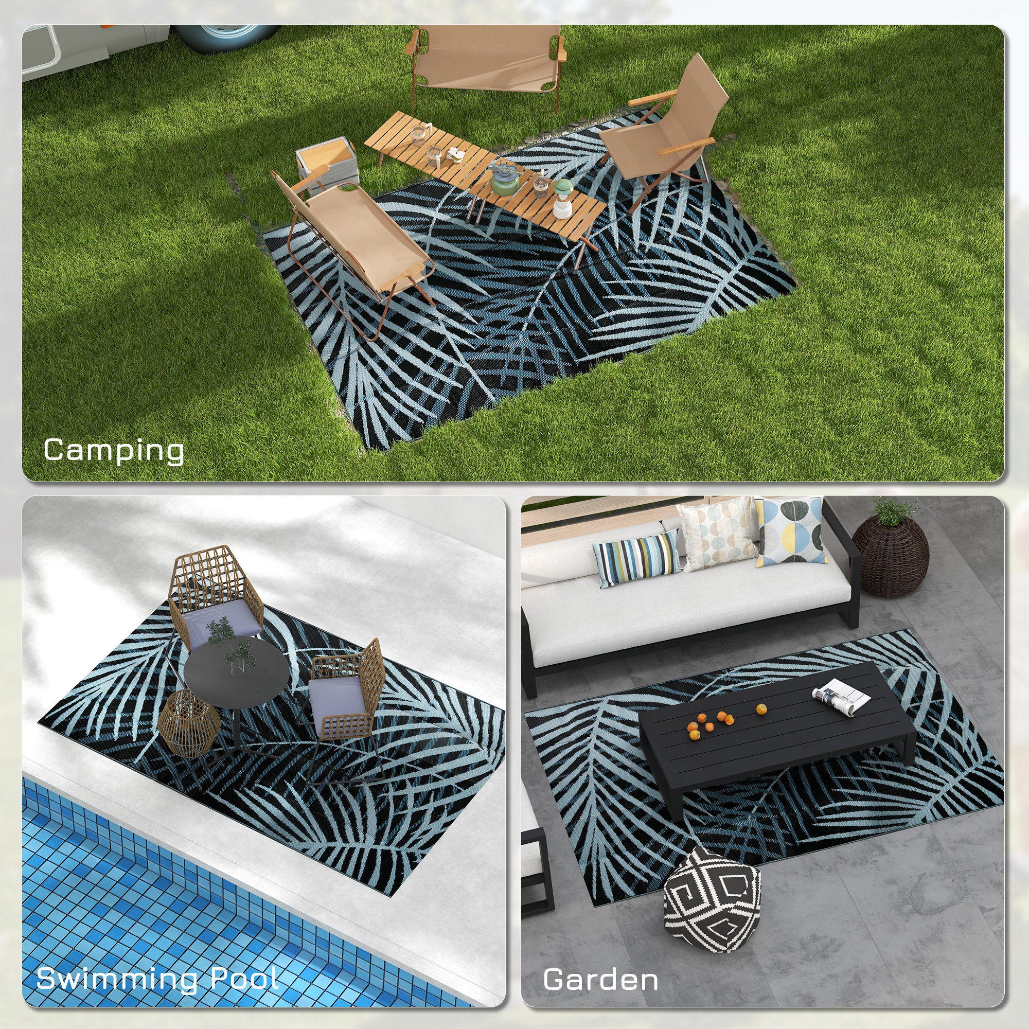 Outsunny Plastic Straw Reversible RV Outdoor Rug with Carry Bag, 182 x 274cm, Blue and Black