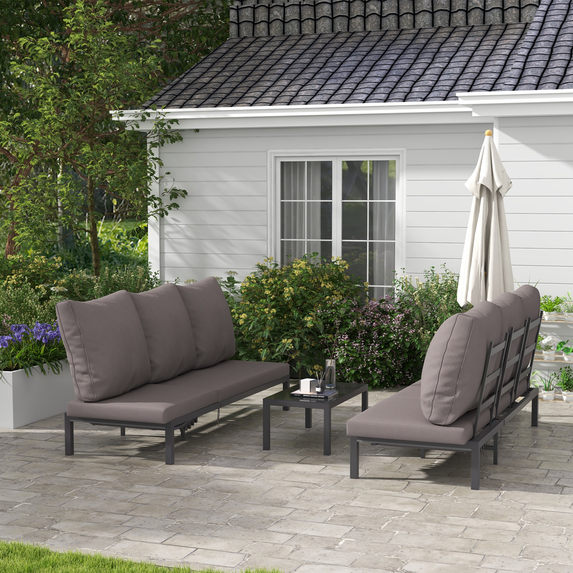Outsunny 3 Pieces Garden Sun Loungers Set with Cushion, 5-level Adjustable Outdoor Recliner Bed Set w/ Glass Top Table, 2-In-1 Design