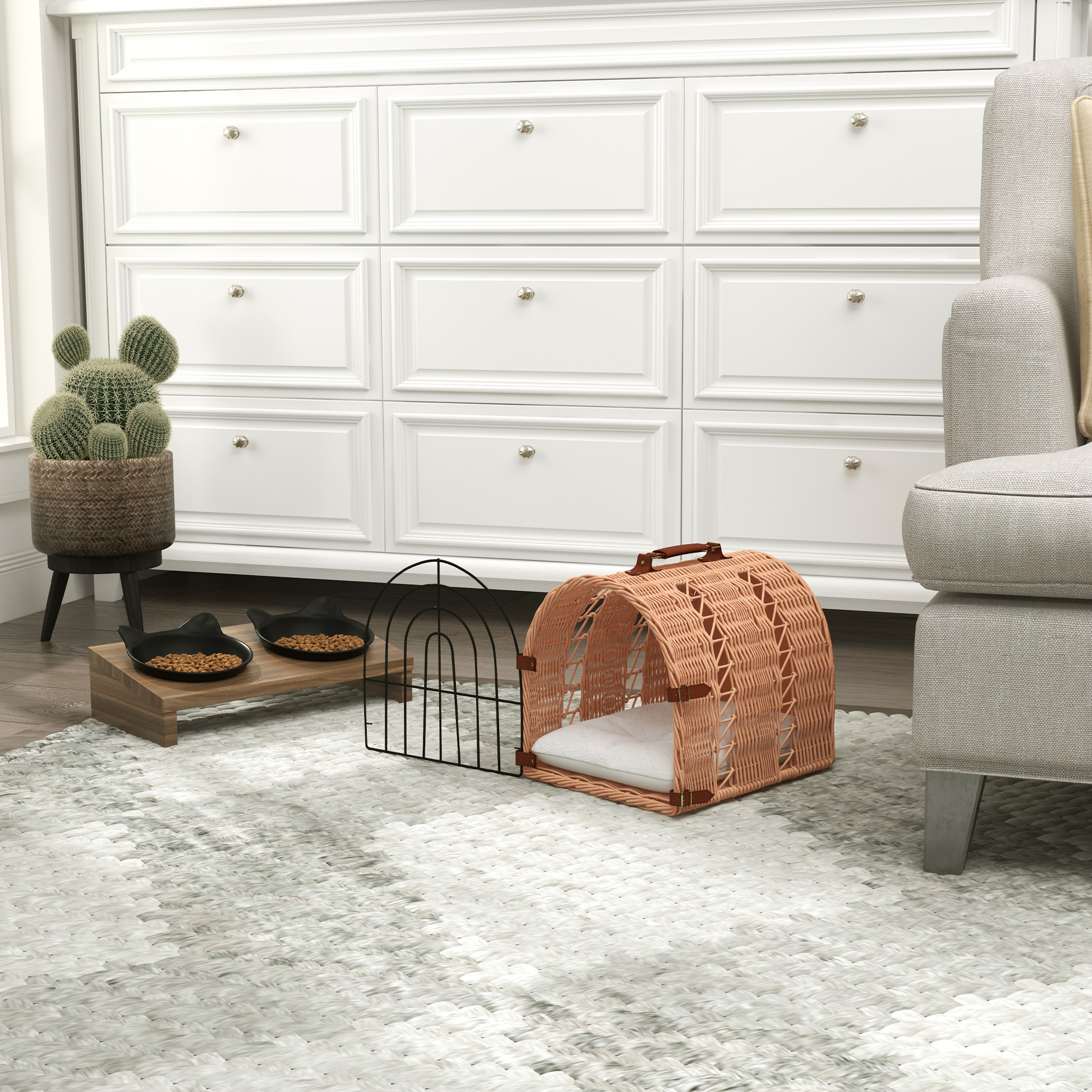 PawHut Rattan Cat Transport Basket, Cosy Kitten Bed with Soft Pillow, Portable Pet Hideaway, 37 x 28 x 29 cm, Orange