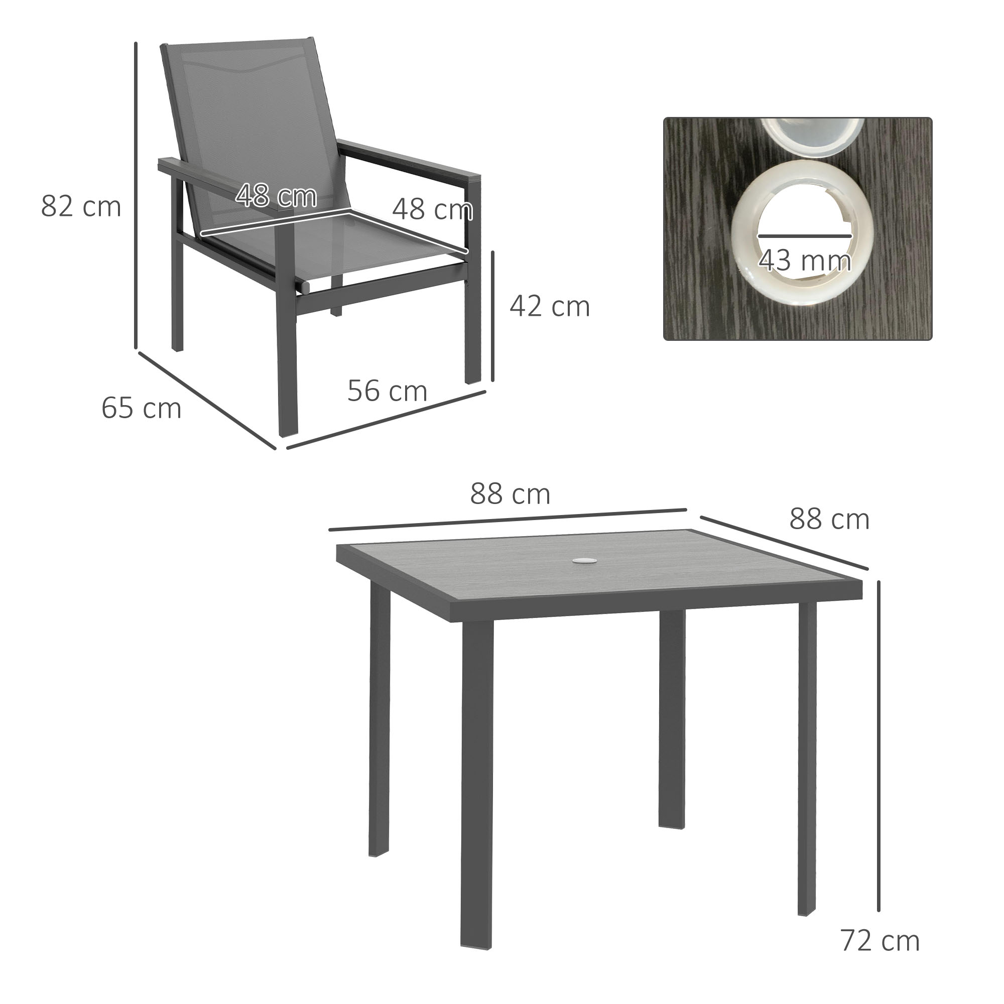 Outsunny 5 Pieces Garden Dining Set with Glass Top Dining Table, Outdoor Umbrella Hole Table and 4 Armchairs w/ Breathable Mesh Fabric Seats