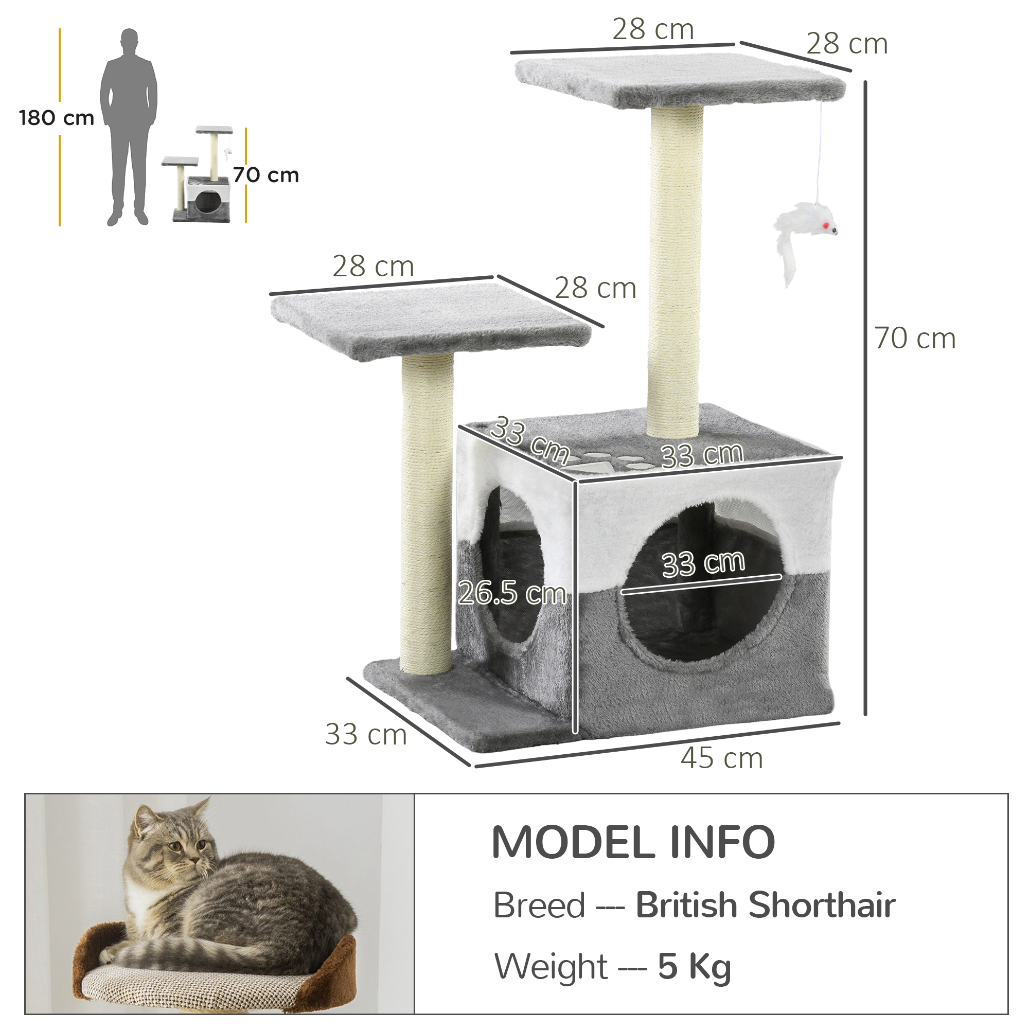 PawHut Deluxe Cat Tree with Sisal Scratching Posts, Cosy House, Elevated Perches, Playful Toy Mouse, Grey
