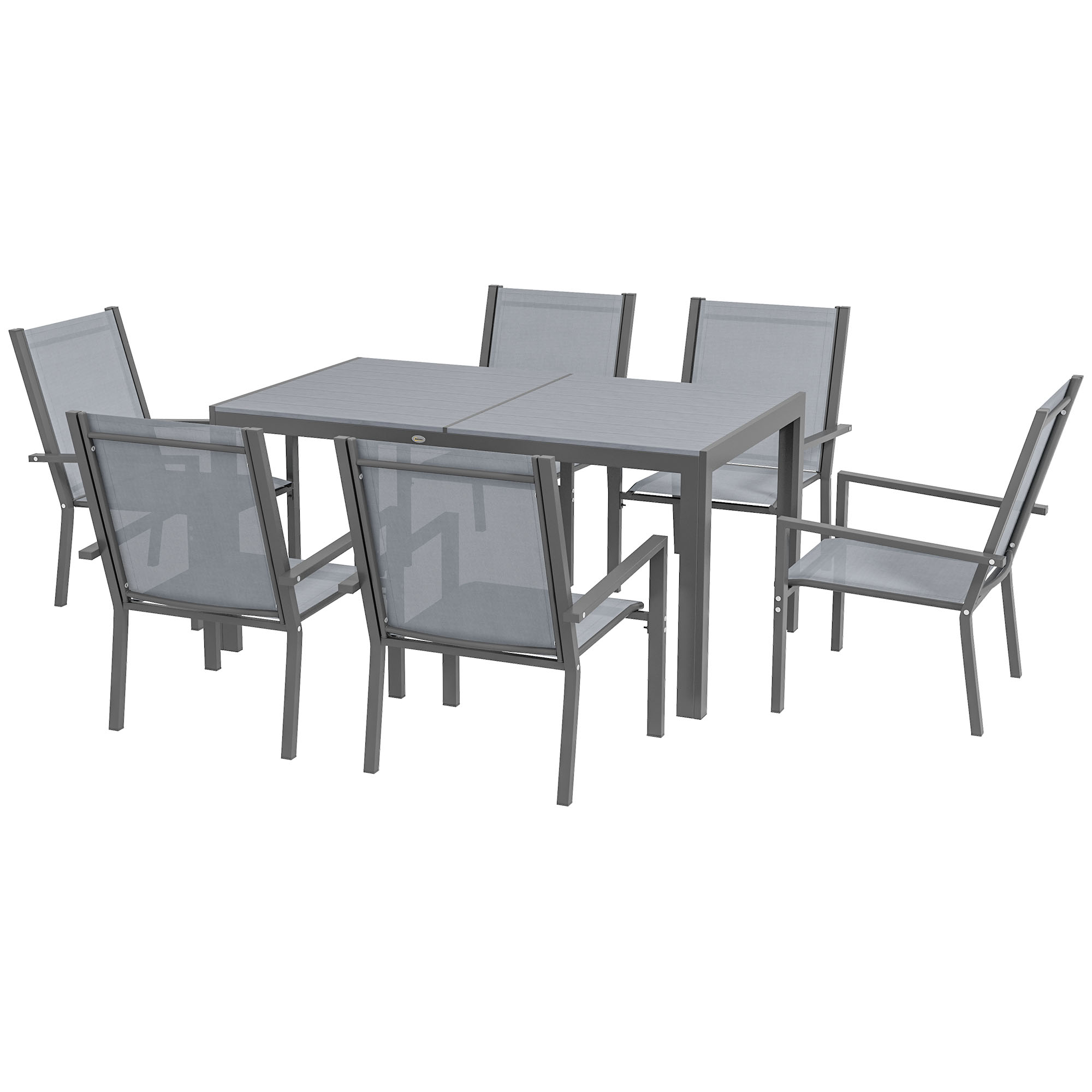 Outsunny 7 Pieces Garden Dining Set with Wood-plastic Composite Dining Table, and 6 Stackable Armchairs with Breathable Mesh Fabric