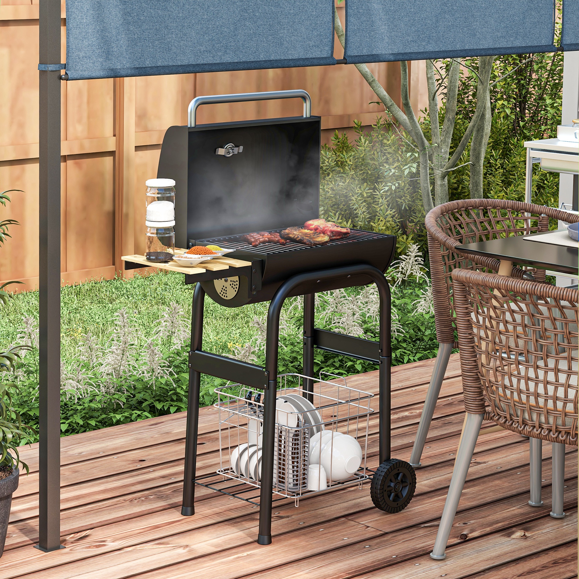 Outsunny Outdoor Wheeled Charcoal Barbecue Grill Trolley with Shelves, Black