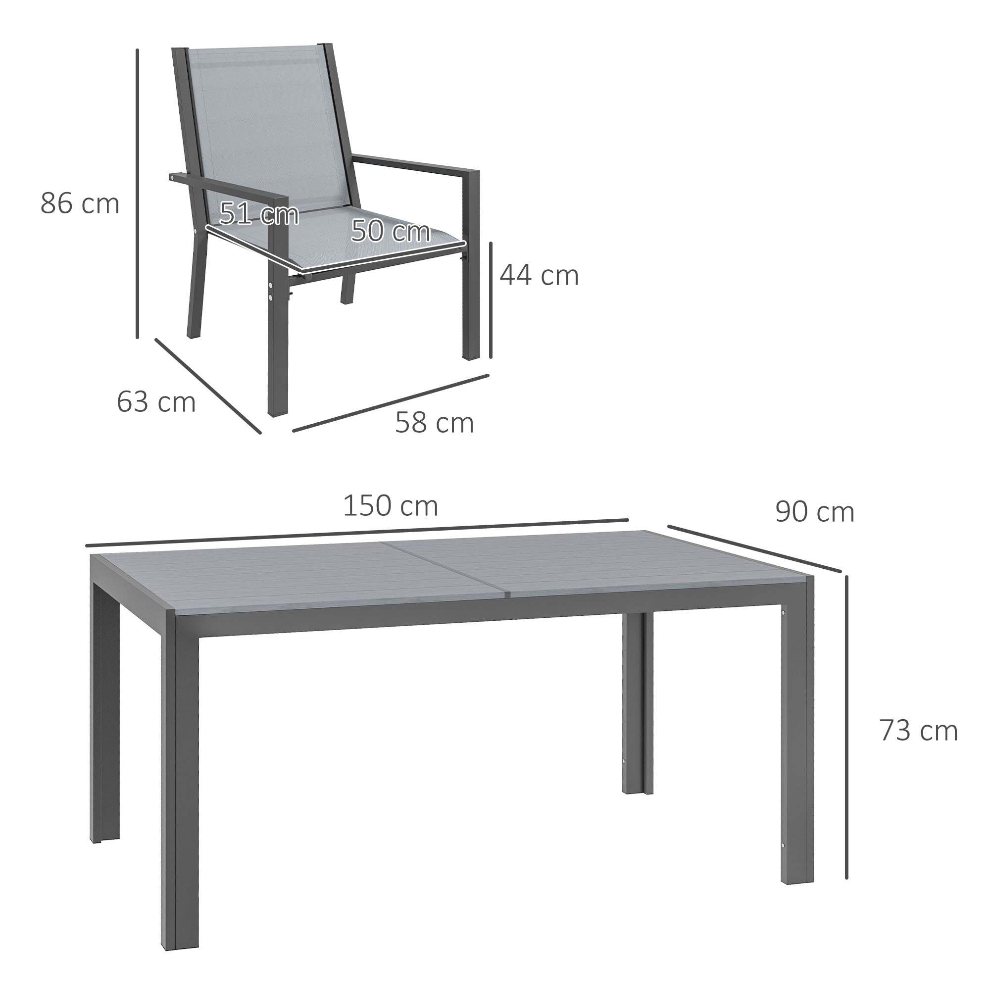 Outsunny 7 Pieces Garden Dining Set with Wood-plastic Composite Dining Table, and 6 Stackable Armchairs with Breathable Mesh Fabric