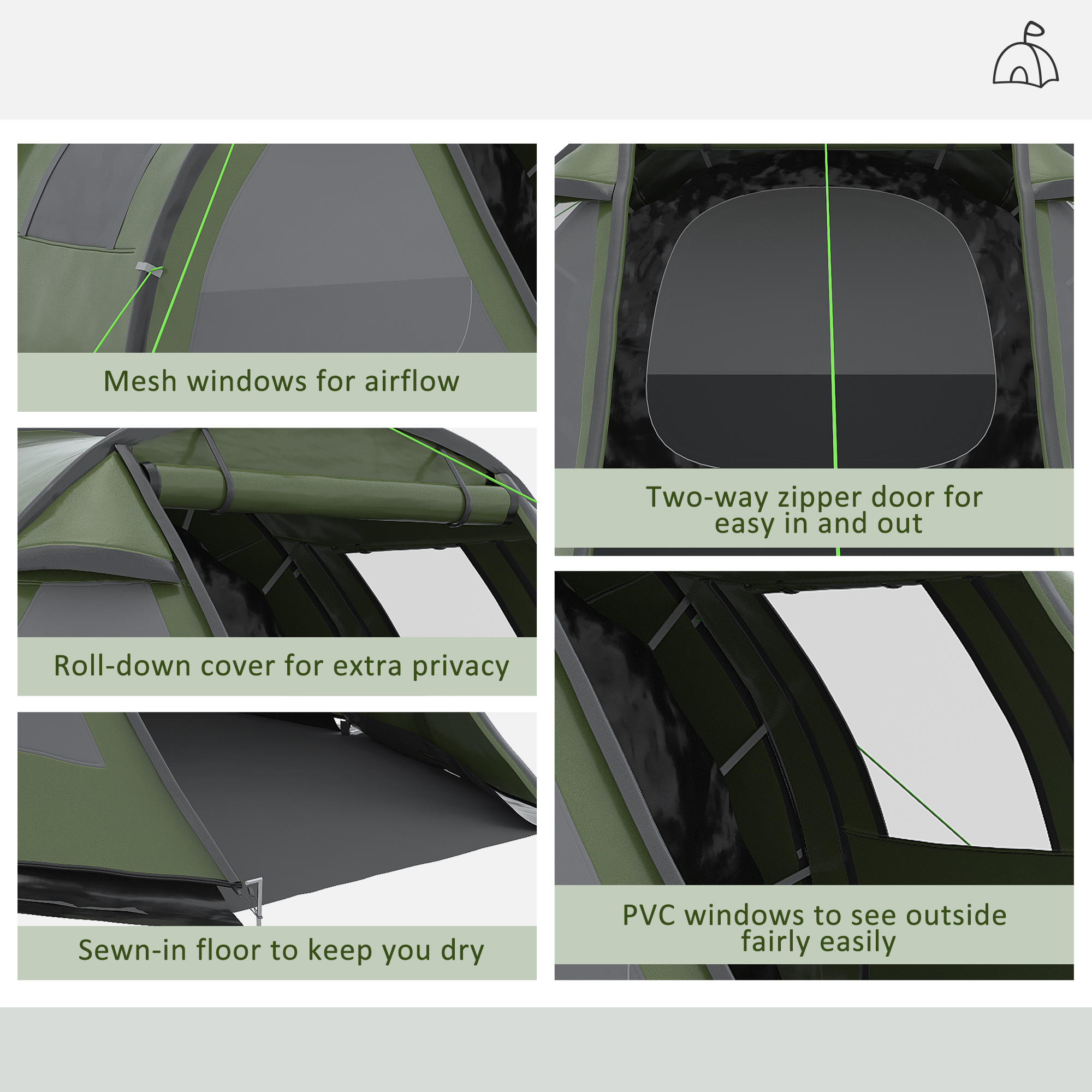 Outsunny Camping Tent for 3-4 People, Two Room Tunnel Tent with Windows, Portable, for Outdoor Activities, Green