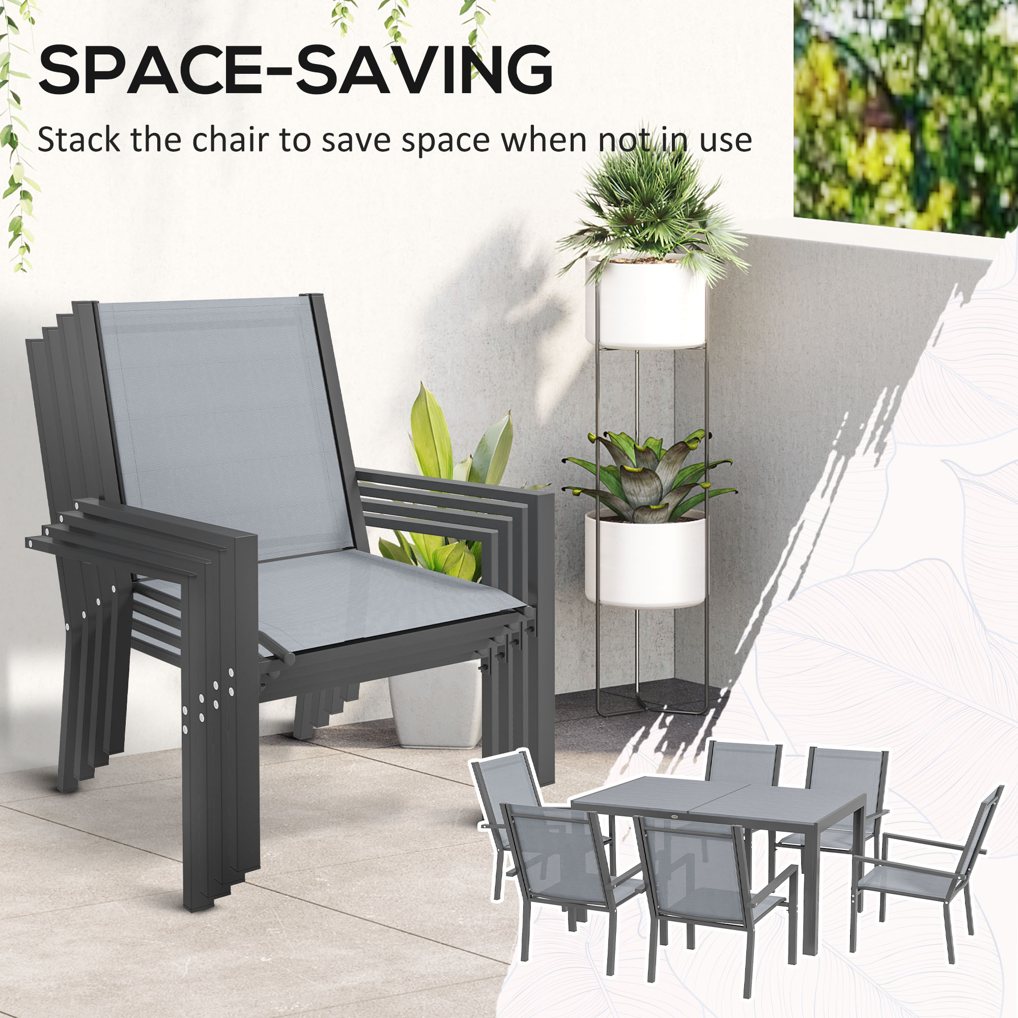Outsunny 7 Pieces Garden Dining Set with Wood-plastic Composite Dining Table, and 6 Stackable Armchairs with Breathable Mesh Fabric