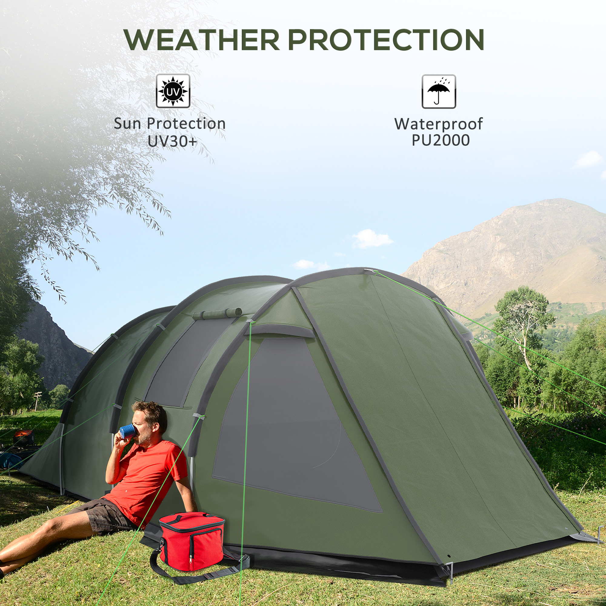Outsunny Camping Tent for 3-4 People, Two Room Tunnel Tent with Windows, Portable, for Outdoor Activities, Green