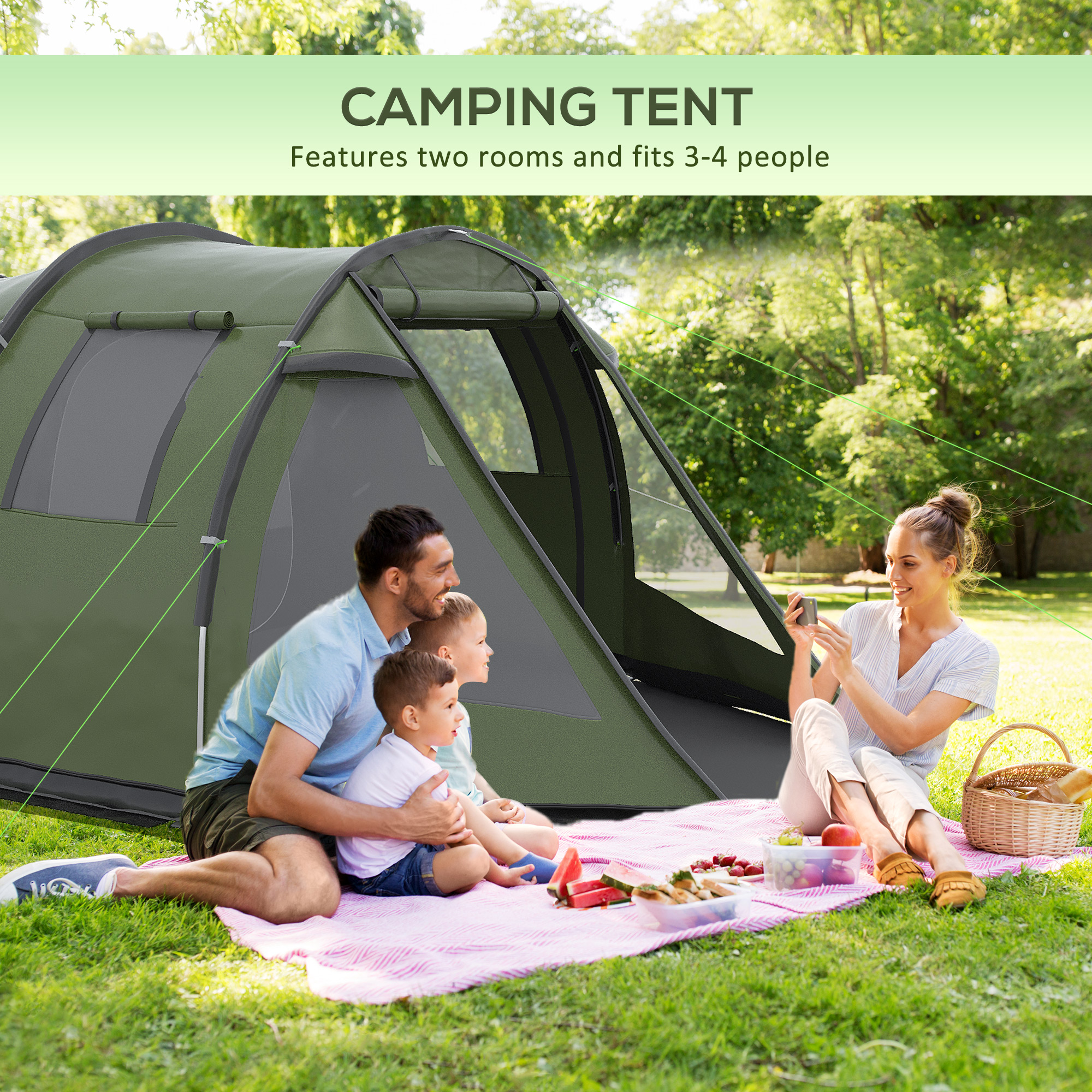 Outsunny Camping Tent for 3-4 People, Two Room Tunnel Tent with Windows, Portable, for Outdoor Activities, Green