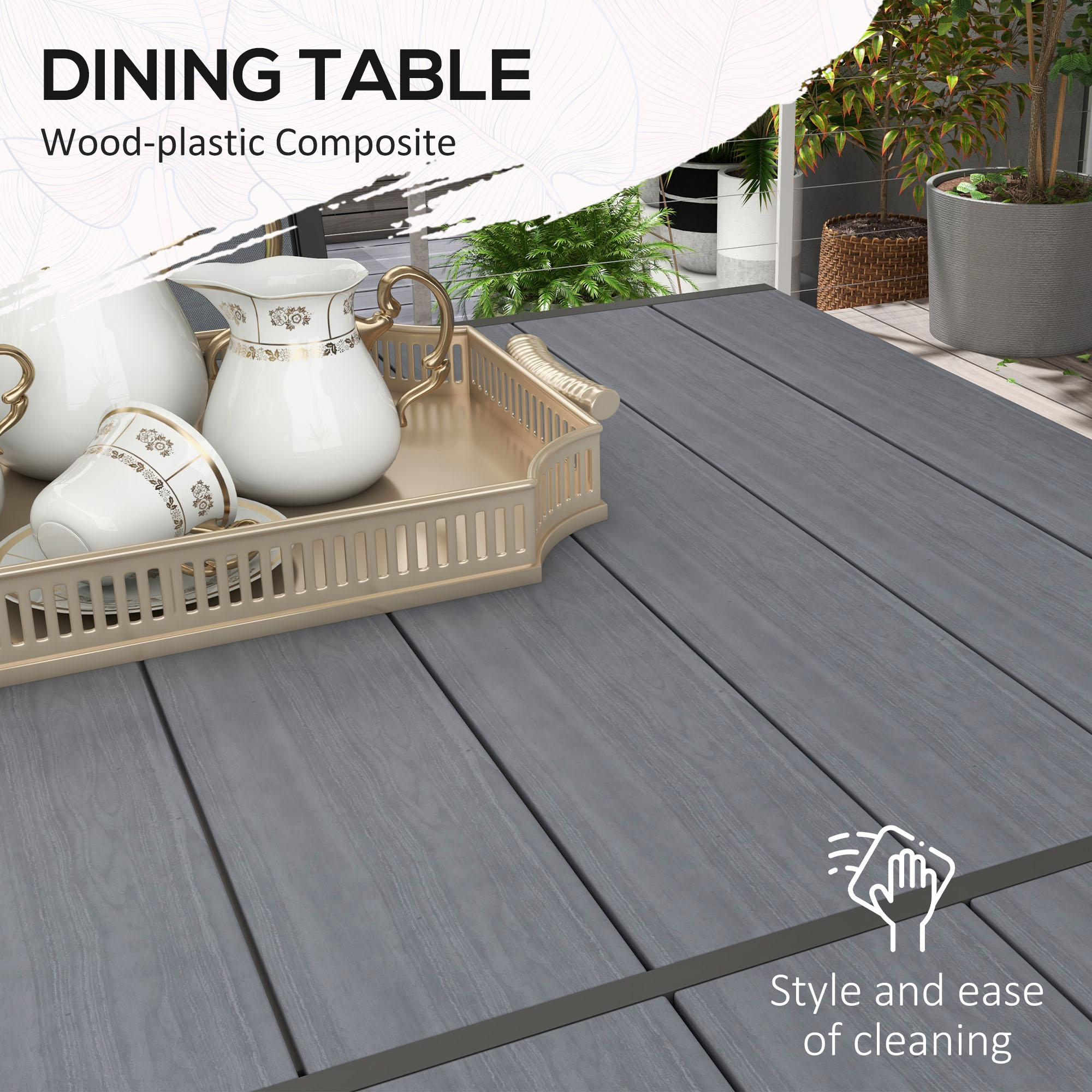 Outsunny 7 Pieces Garden Dining Set with Wood-plastic Composite Dining Table, and 6 Stackable Armchairs with Breathable Mesh Fabric
