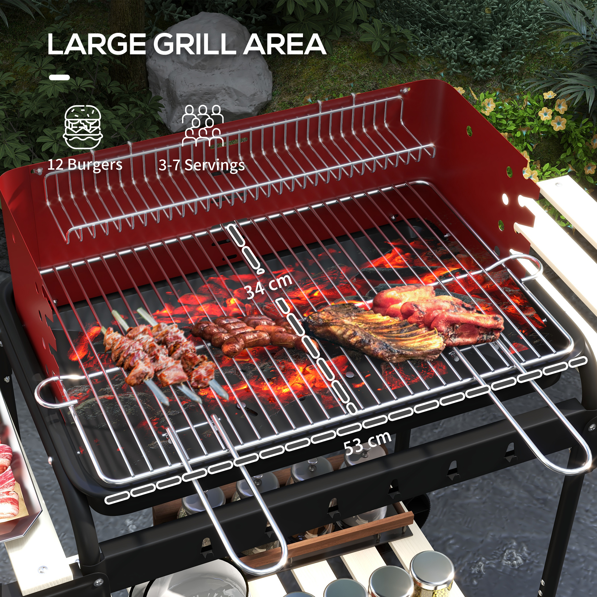 Outsunny Outdoor 5-Level Grill Height Charcoal Barbecue Grill Trolley, Red