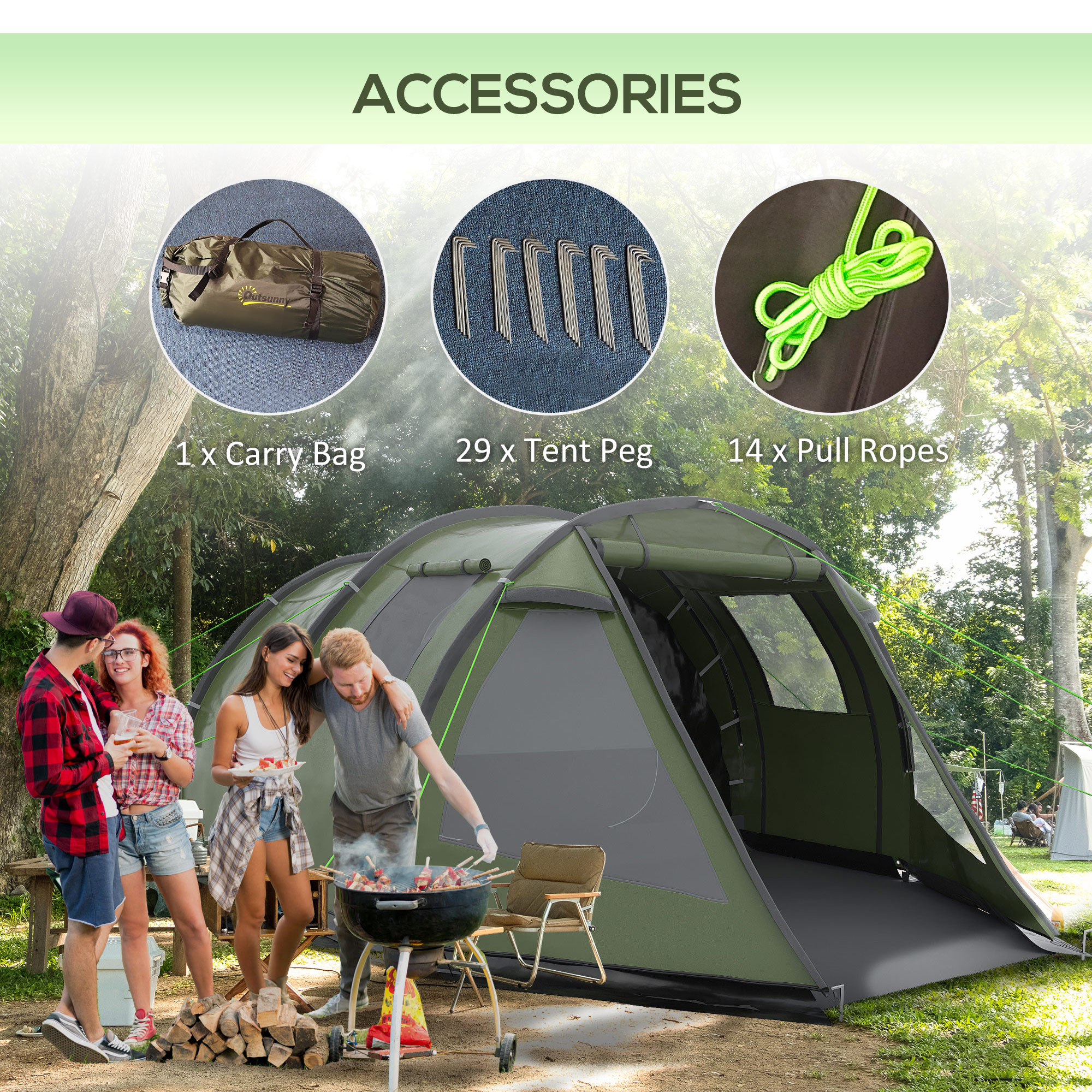 Outsunny Camping Tent for 3-4 People, Two Room Tunnel Tent with Windows, Portable, for Outdoor Activities, Green