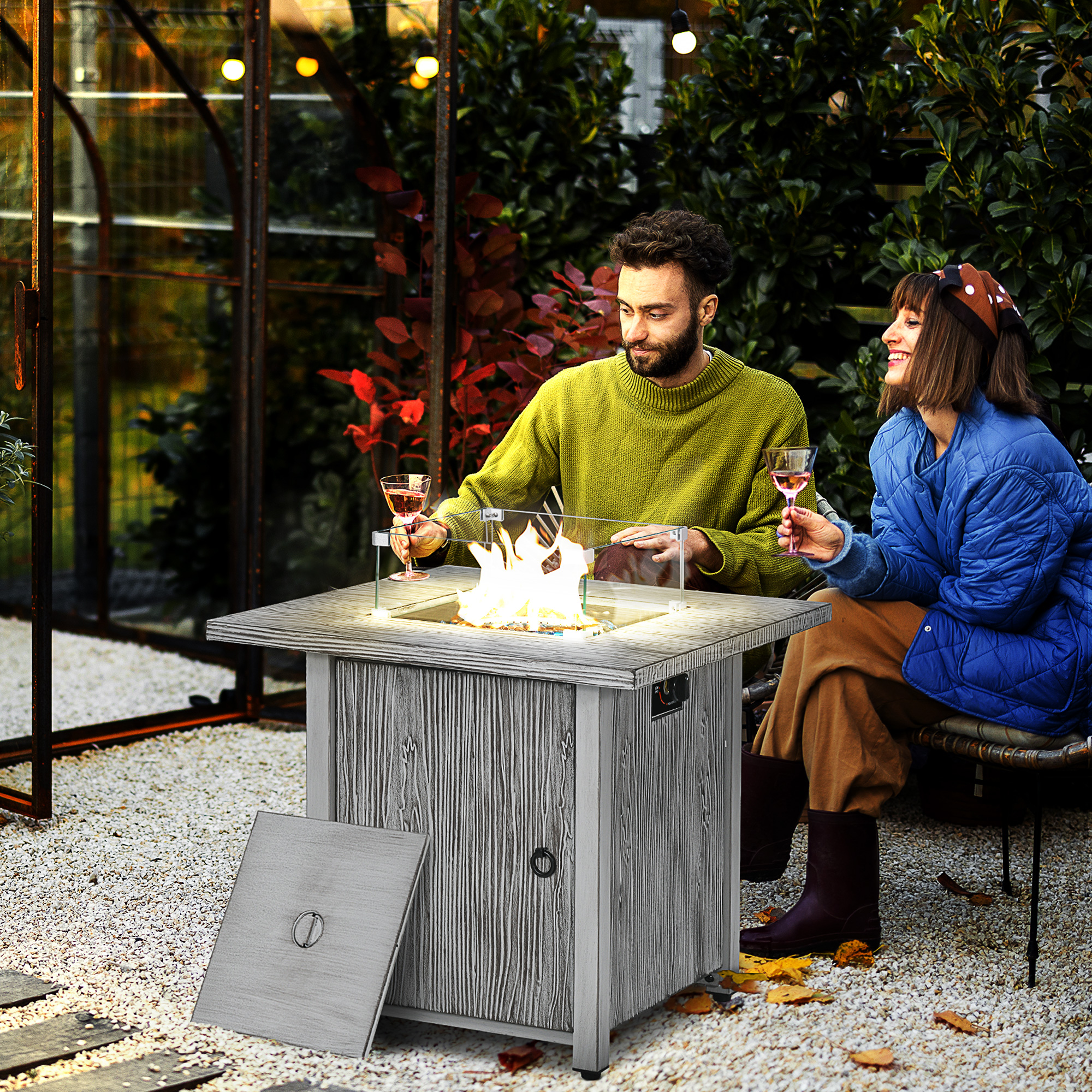 Outsunny 40,000 BTU Gas Fire Pit Table with Cover, Glass Screen and Glass Beads, Grey