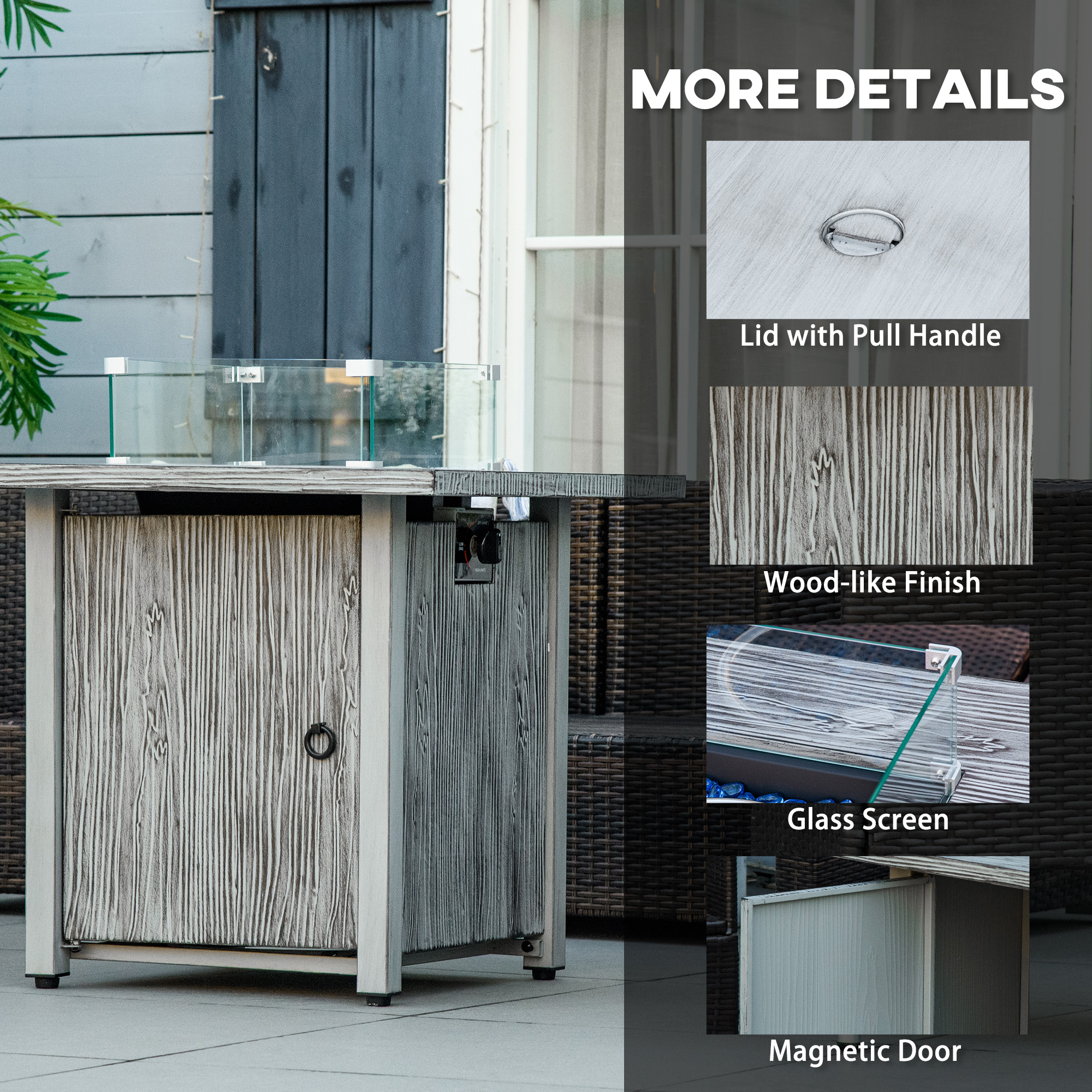 Outsunny 40,000 BTU Gas Fire Pit Table with Cover, Glass Screen and Glass Beads, Grey