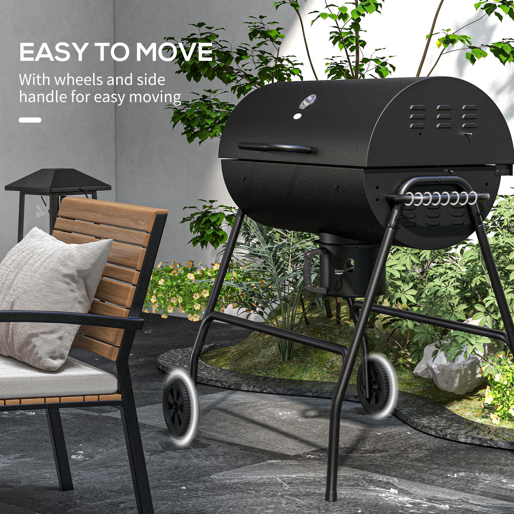 Outsunny Outdoor Wheeled Barrel Charcoal Barbecue Grill Trolley, Black