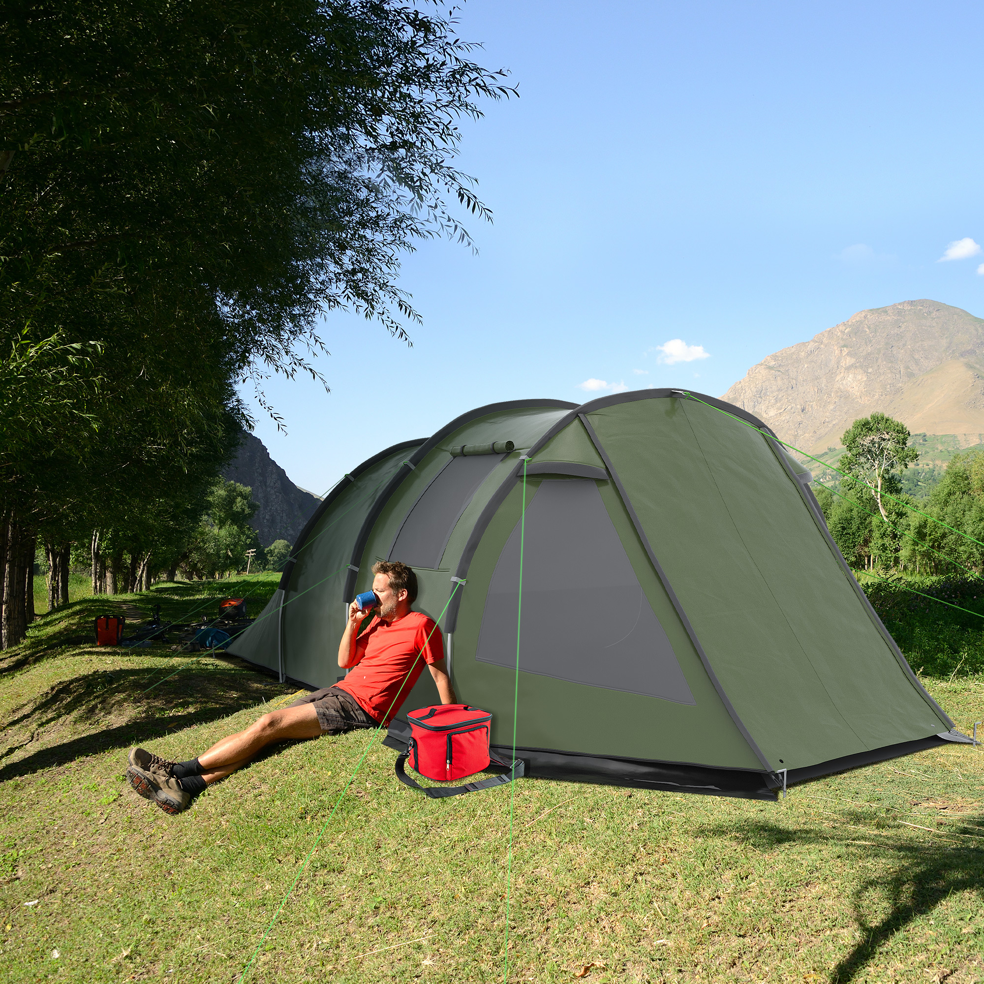 Outsunny Camping Tent for 3-4 People, Two Room Tunnel Tent with Windows, Portable, for Outdoor Activities, Green