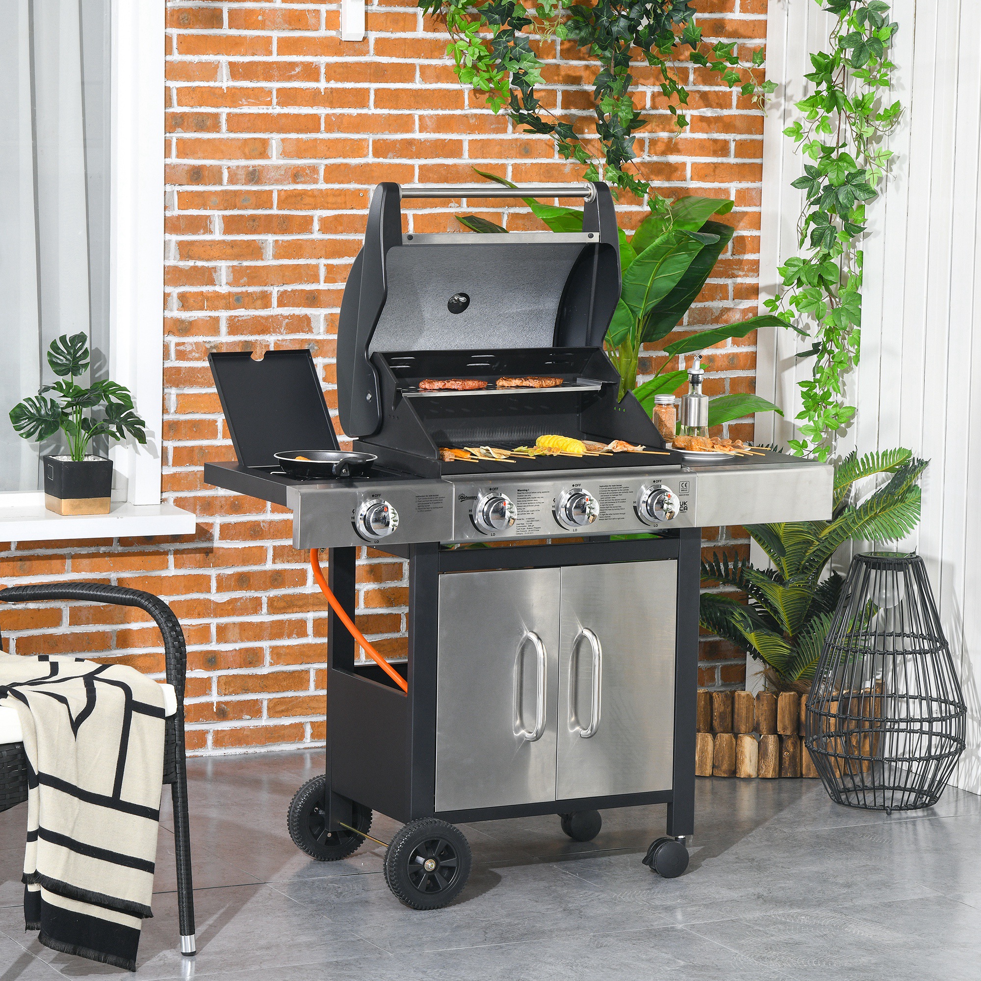 Outsunny Gas Barbecue Grill 3+1 Burner Garden Smoker BBQ Trolley w/ Side Burner Warming Rack Side Shelves Piezo Ignition Thermometer