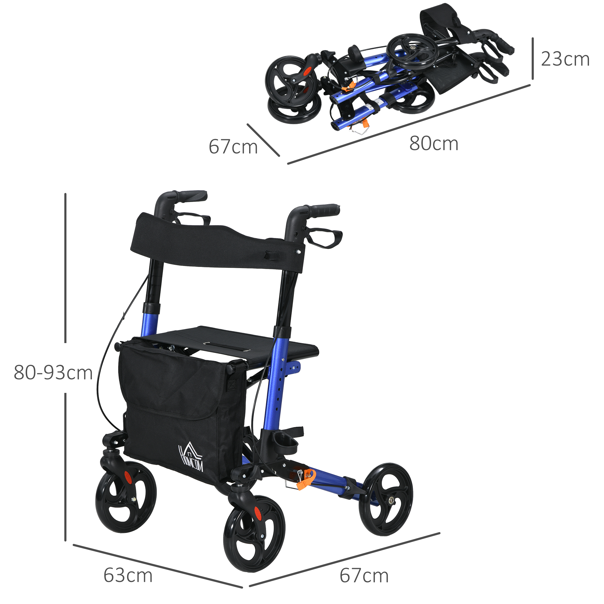 HOMCOM 4 Wheel Rollator with Seat and Back, Folding Mobility Walker, Adjustable Height, Dual Brakes, Cane Holder, Lightweight Aluminium