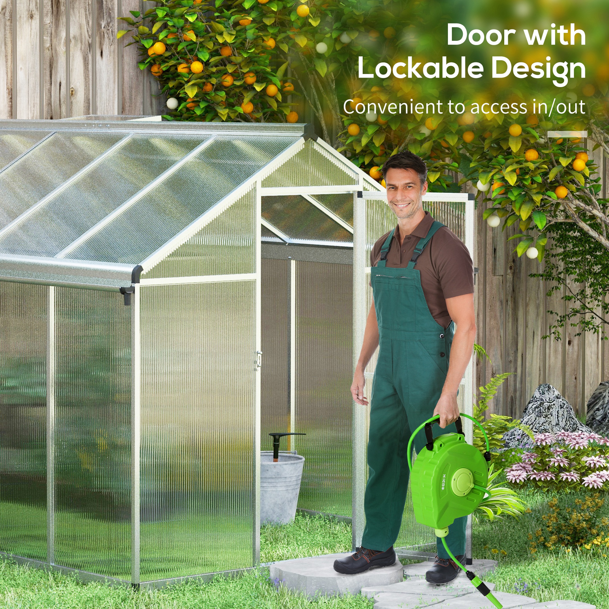 Outsunny 6 x 10ft Polycarbonate Greenhouse with Rain Gutters, Large Walk-In Green House with Window, Garden Plants Grow House with Aluminium
