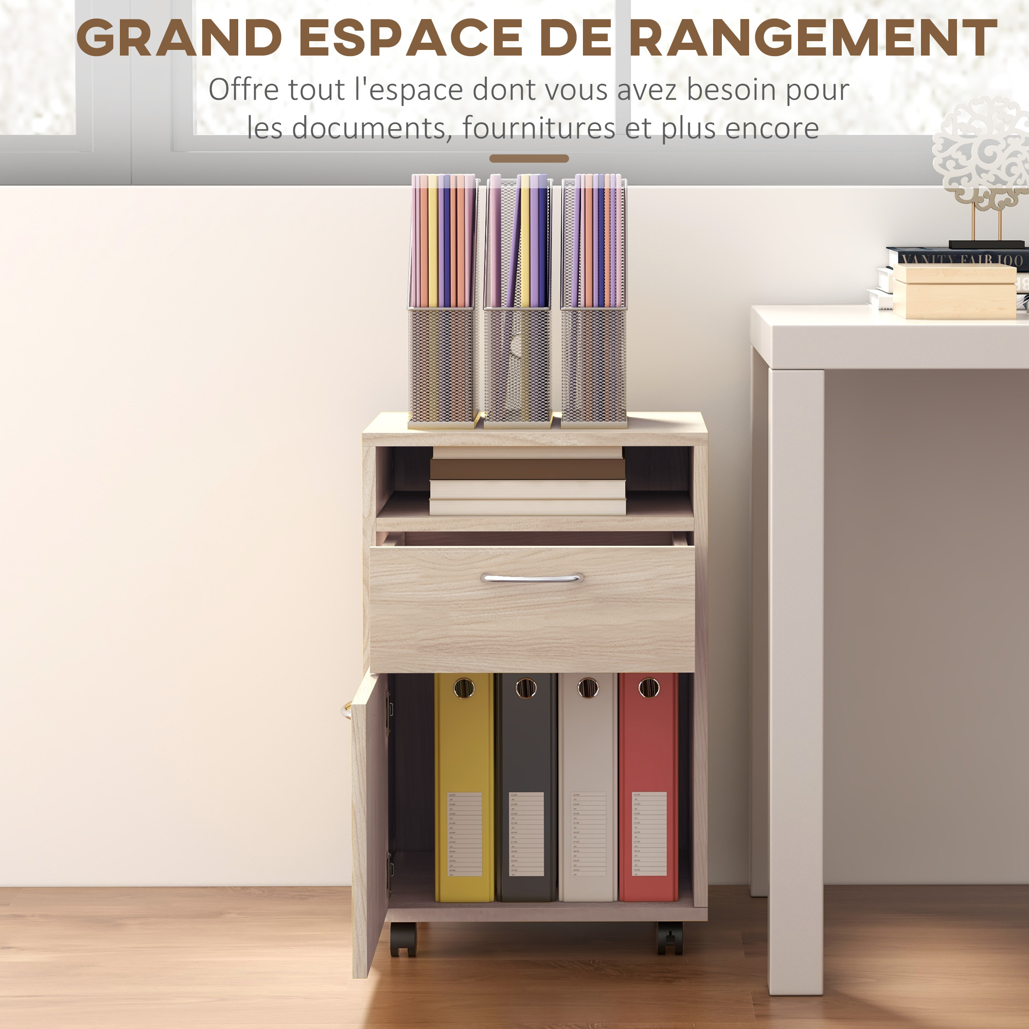 Caisson De Bureau, Meuble De Rangement à Roulettes Avec 3 Tiroirs Roulettes Universelles Avec Freins 2 Barres Pratiques Blanc Naturel 98891482