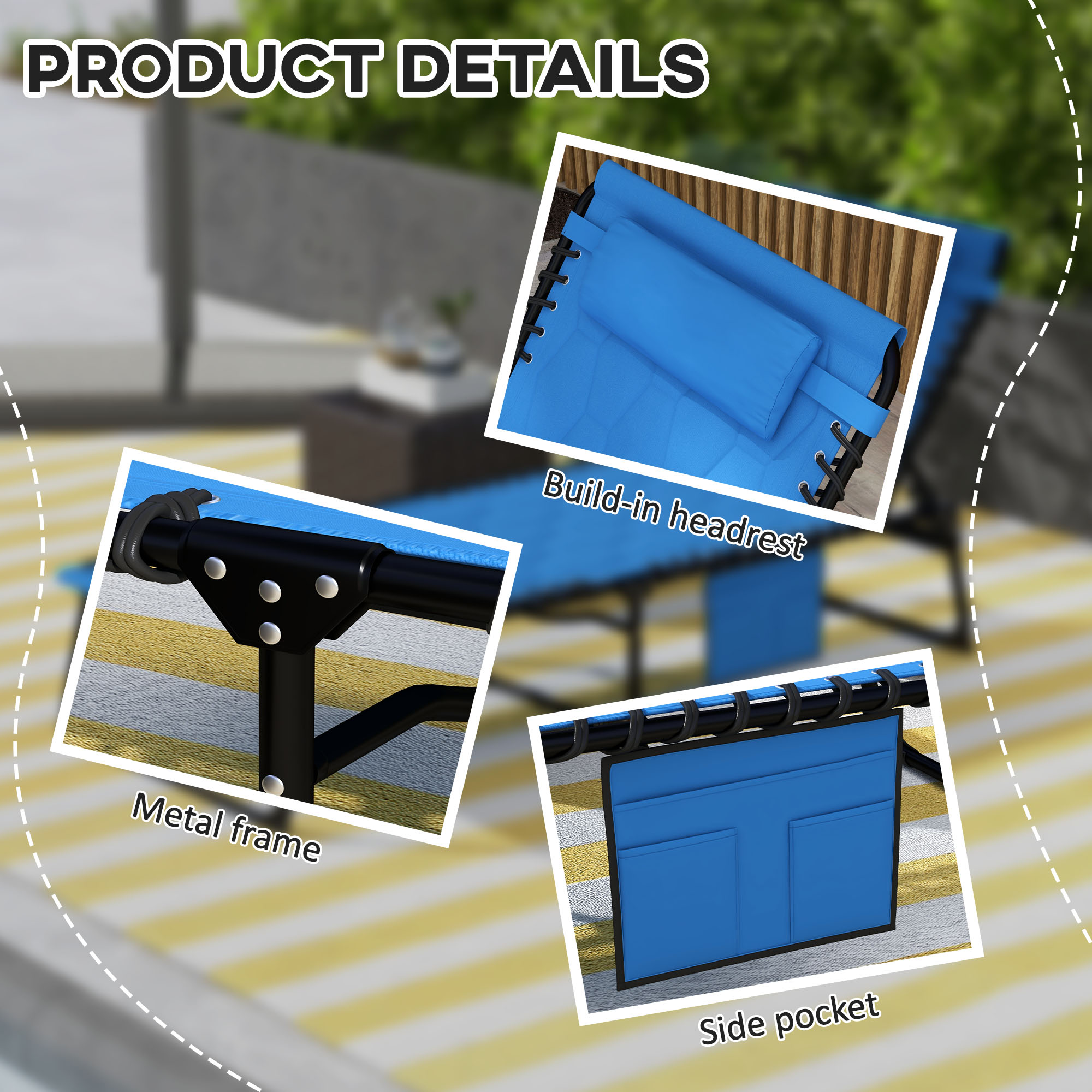 Outsunny Sun Lounger, Foldable with 5-Level Reclining Back, Padded Seat & Side Pocket, Outdoor Tanning Chair