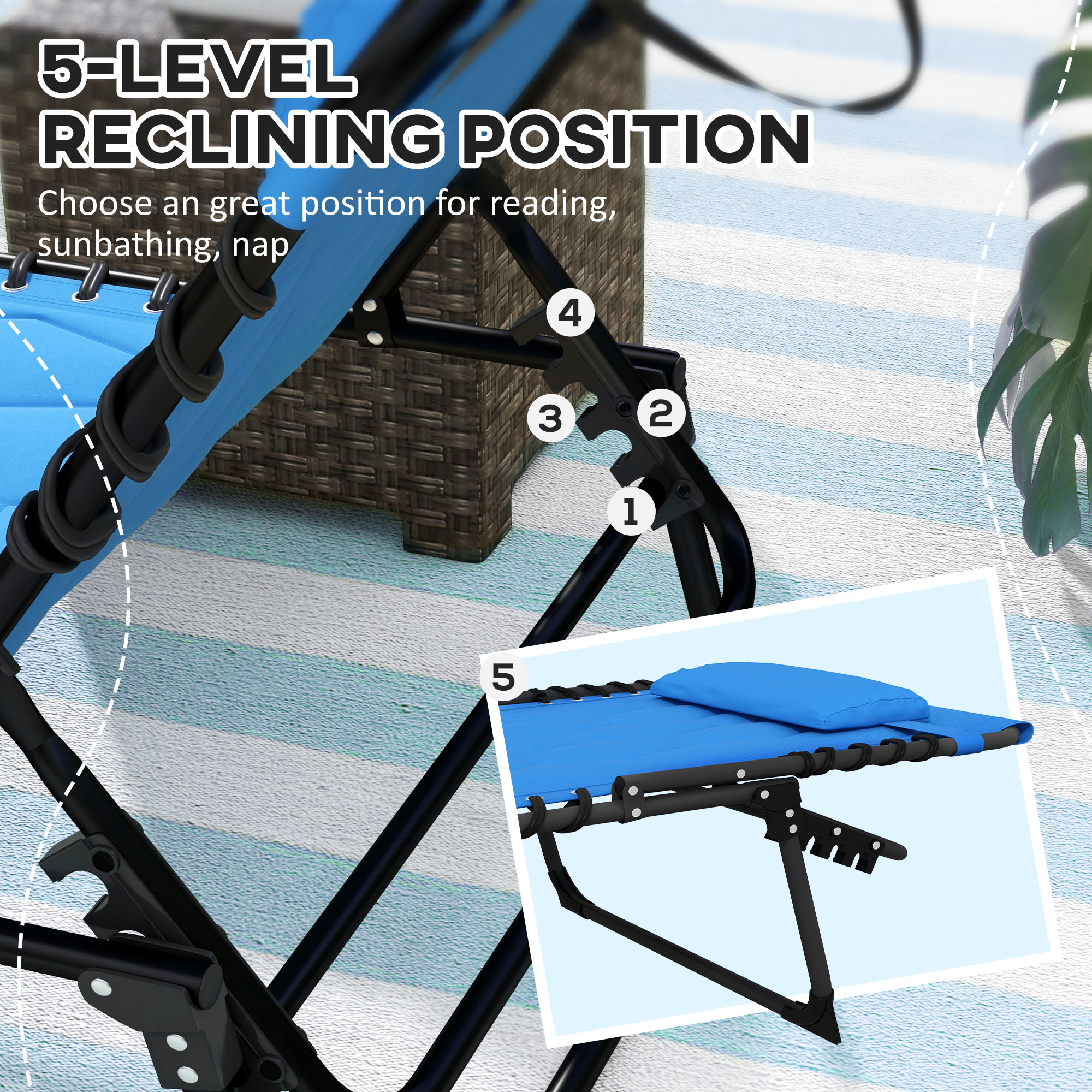 Outsunny Sun Lounger, Foldable with 5-Level Reclining Back, Padded Seat & Side Pocket, Outdoor Tanning Chair