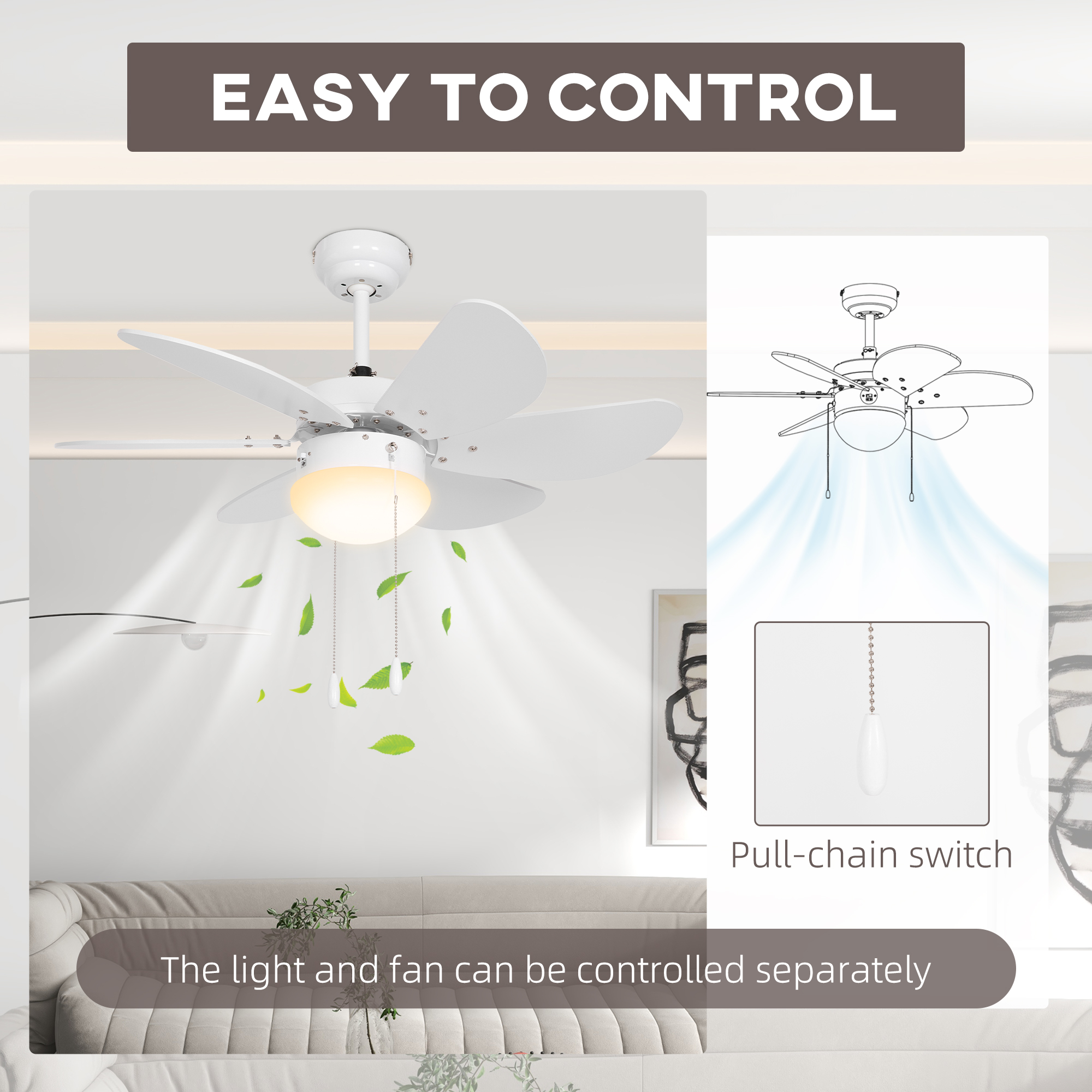 HOMCOM LED Ceiling Fan, 6 Reversible Blades Flush Mount Light, Pull-Chain Operation, White 