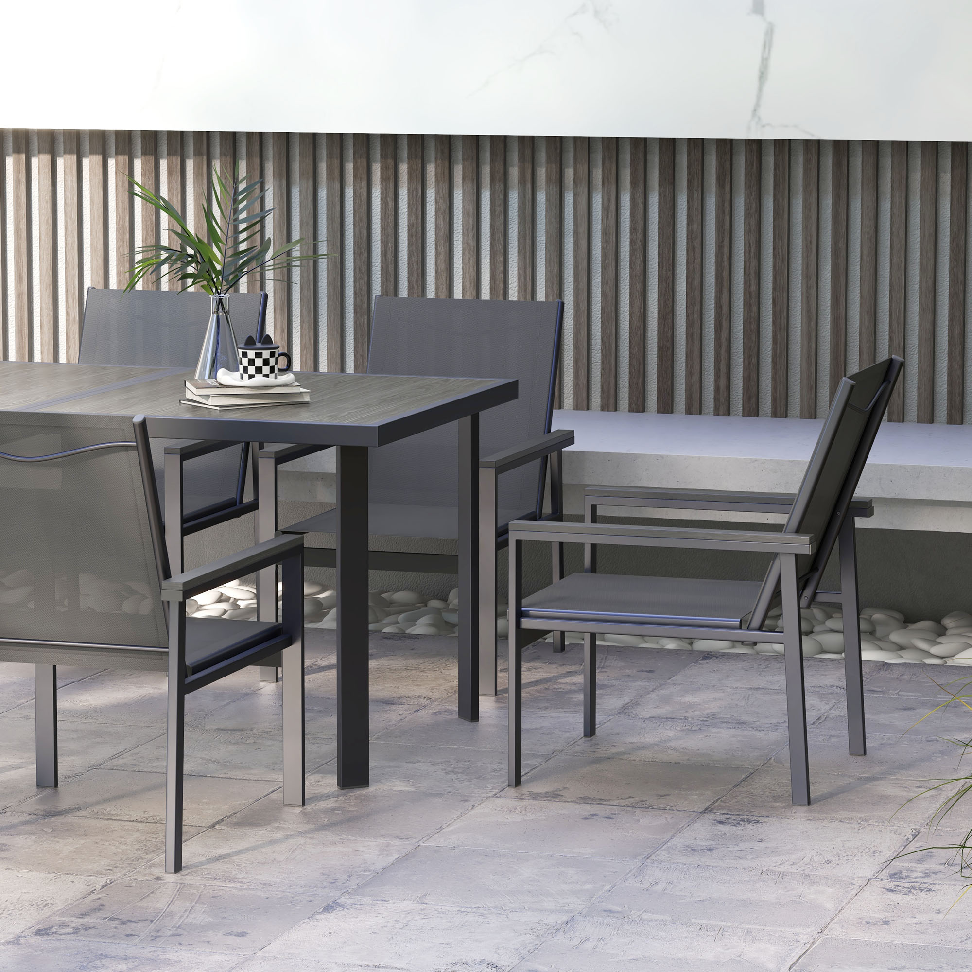 Outsunny 7 Pieces Garden Dining Set w/ Glass Top Dining Table, Outdoor Table and 6 Armchairs w/ Breathable Mesh Fabric Seats and Backrest