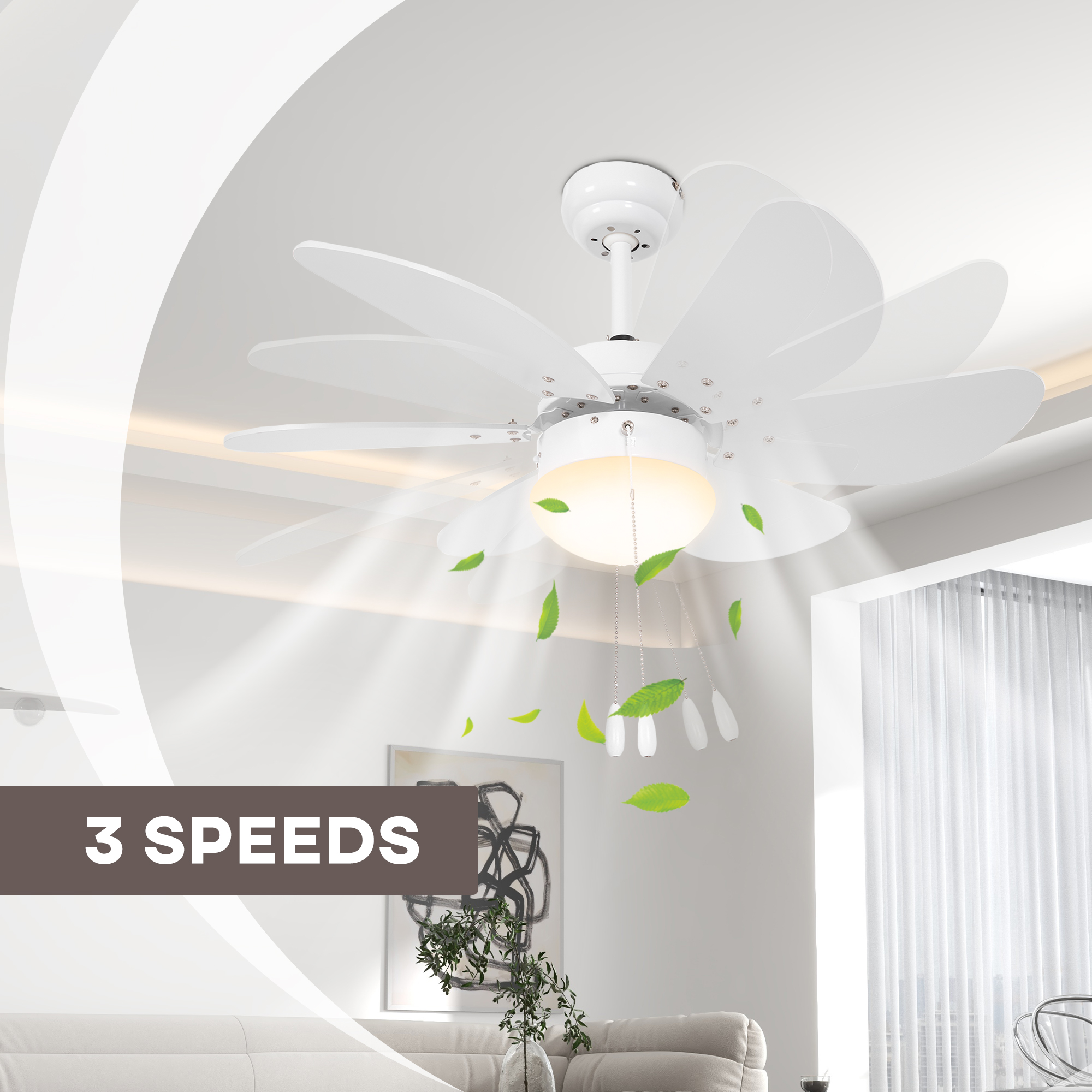 HOMCOM LED Ceiling Fan, 6 Reversible Blades Flush Mount Light, Pull-Chain Operation, White 