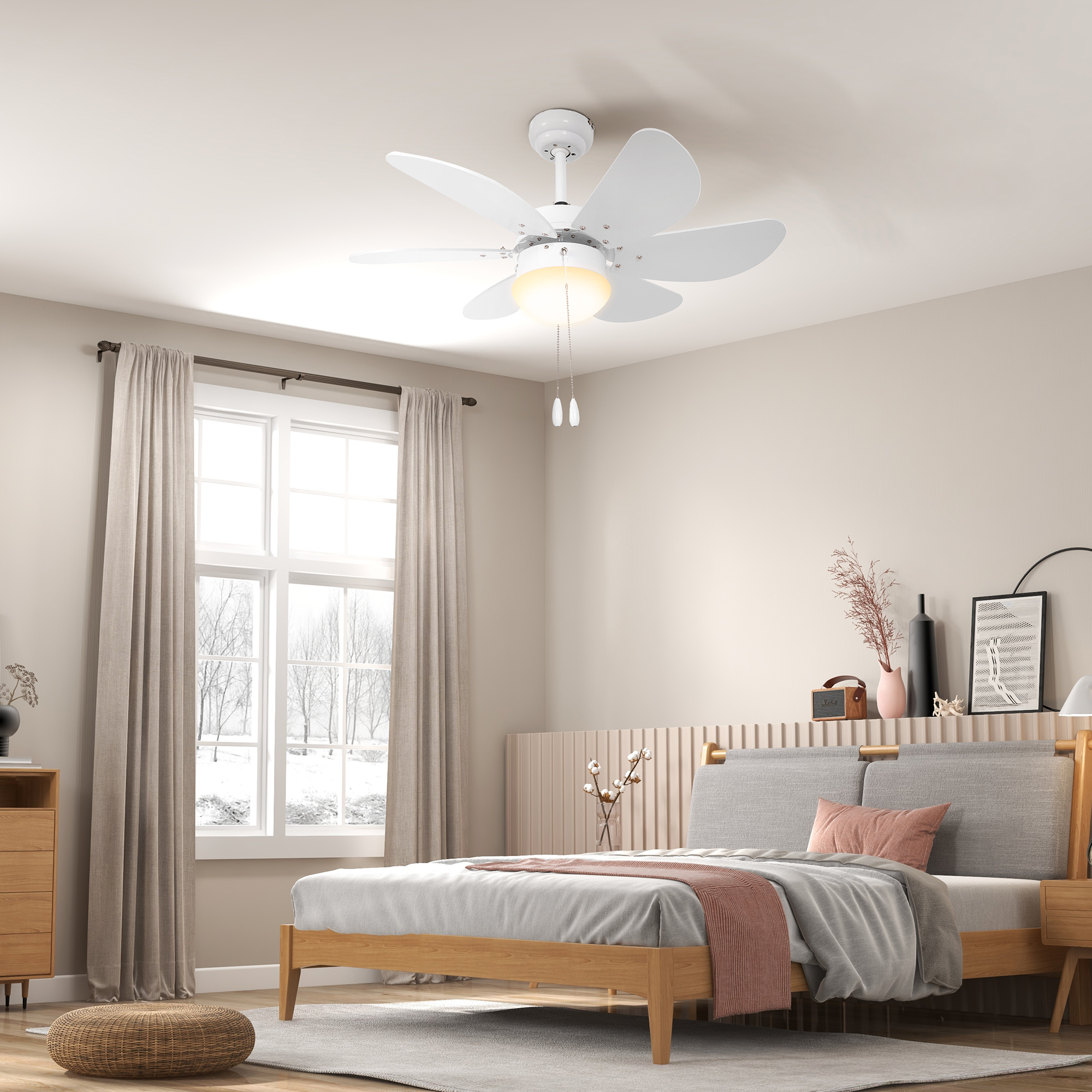 HOMCOM LED Ceiling Fan, 6 Reversible Blades Flush Mount Light, Pull-Chain Operation, White 