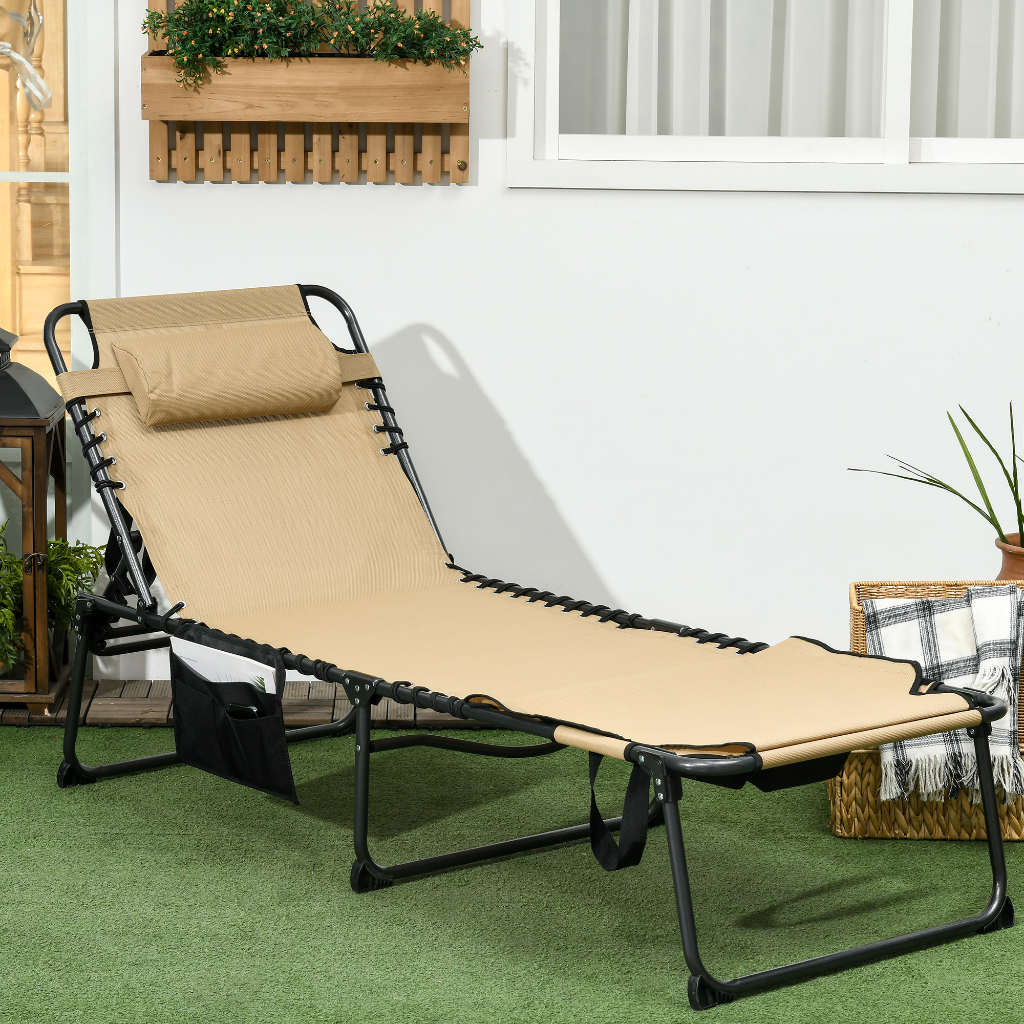 Outsunny Folding Sun Lounger with 5-level Reclining Back, Outdoor Tanning Chair with Reading Hole, Side Pocket, Headrest