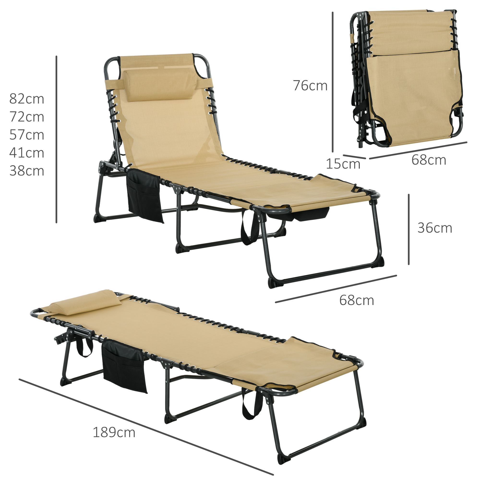 Outsunny Folding Sun Lounger with 5-level Reclining Back, Outdoor Tanning Chair with Reading Hole, Side Pocket, Headrest