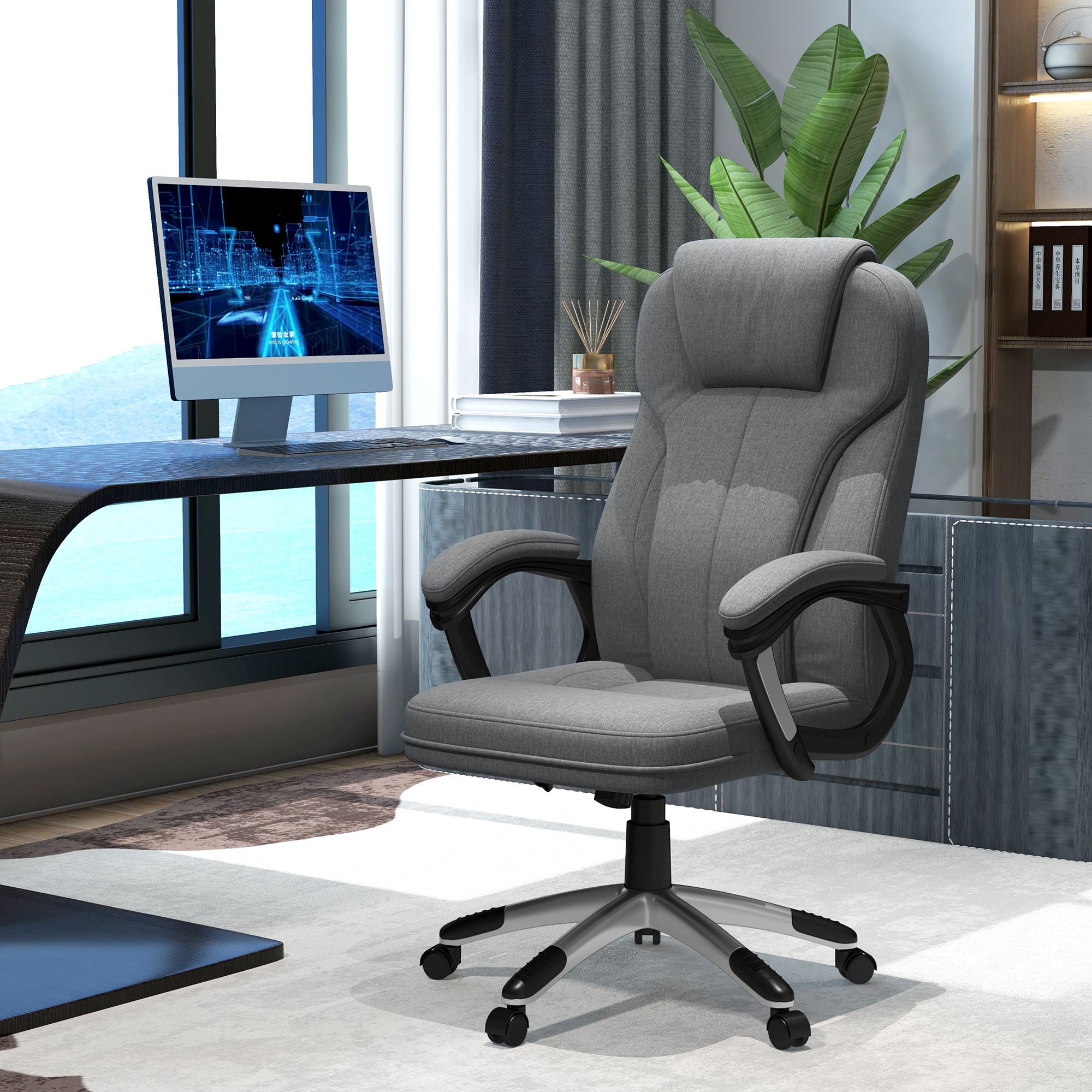 Vinsetto Bureaustoel Ademende Linnen-look Stof, Ergonomische Directiestoel met Wippfunctie Hoogte Verstelbaar 66x75x110-120cm Grijs | Aosom.nl afbeelding