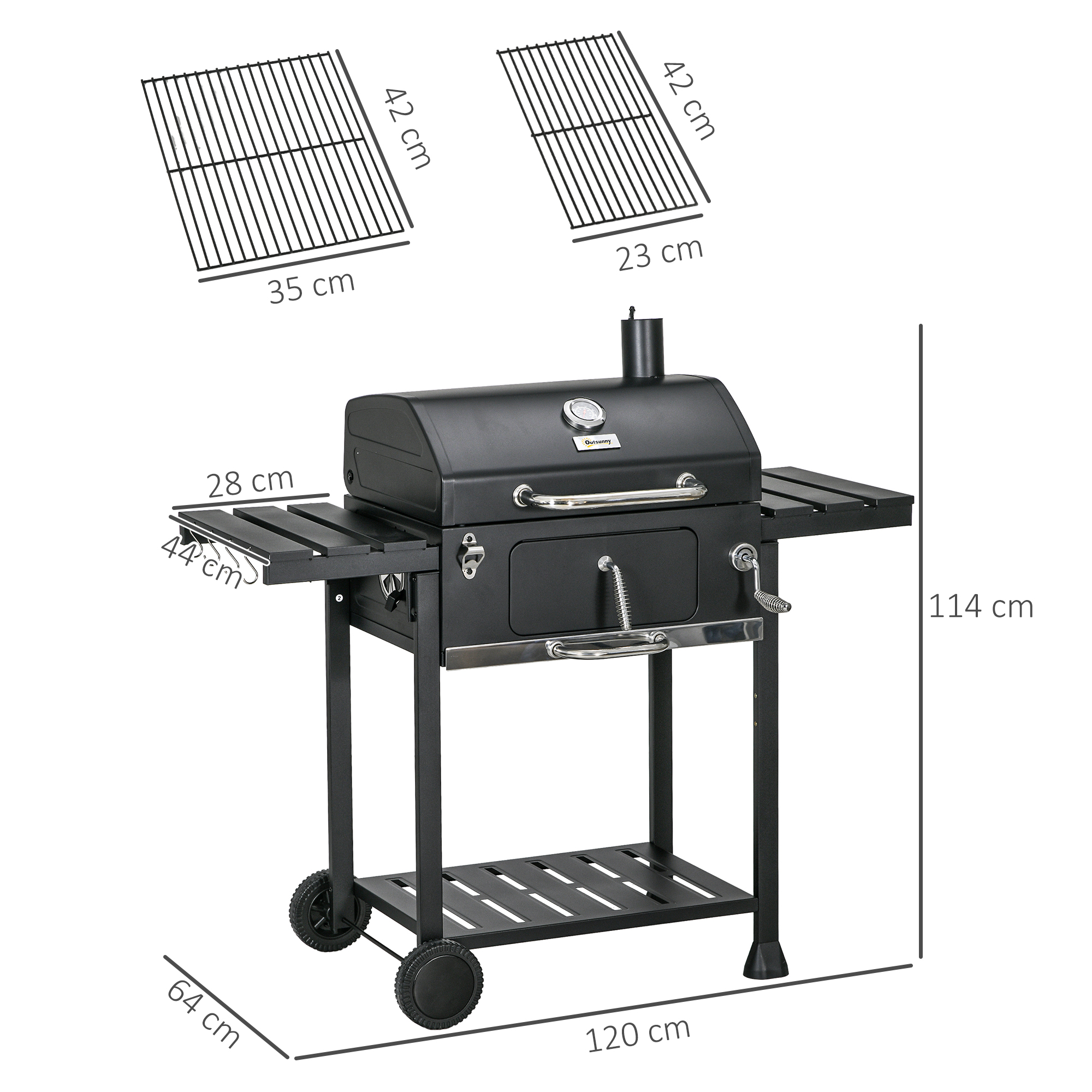 Outsunny Adjustable Charcoal Pan BBQ, with Thermometer and Warming Rack