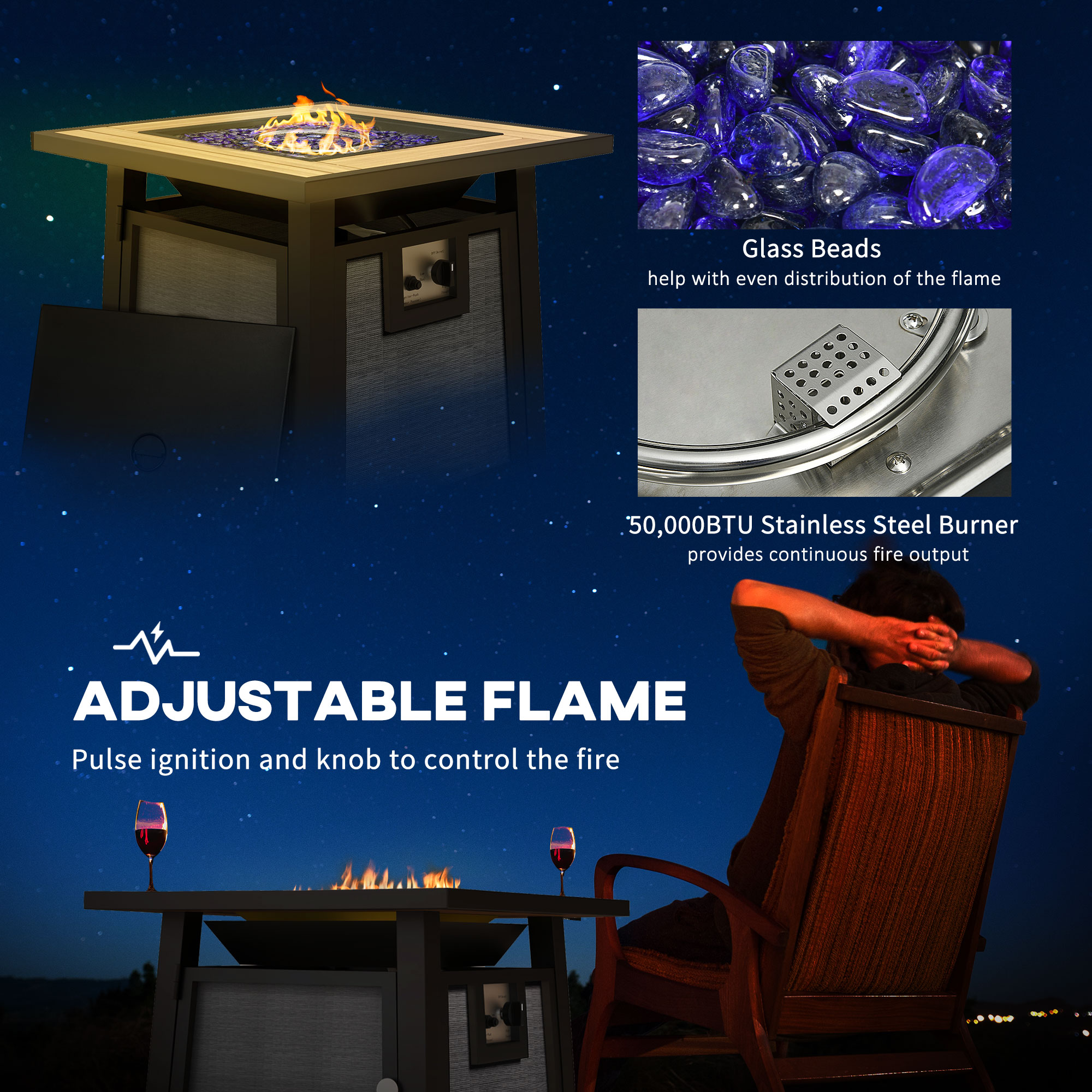 Outsunny Gas Fire Pit Table, 50,000 BTU with Protective Cover and Decorative Glass Beads, Dark Grey