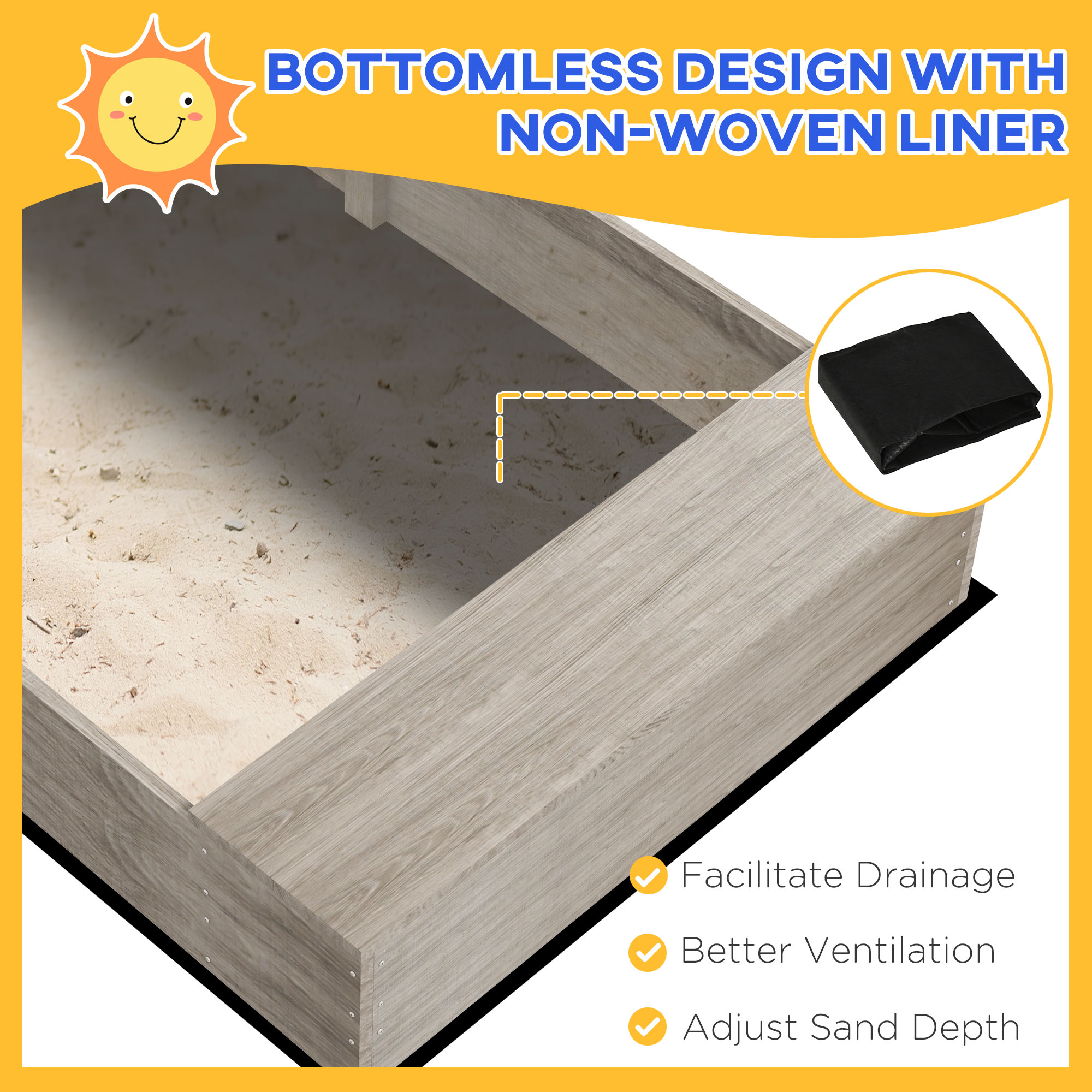 Outsunny Wooden Sand Pit with Liner, Pretend Hobs, Planting Boxes, Two Seats, for Ages 3-7 Years  - Grey