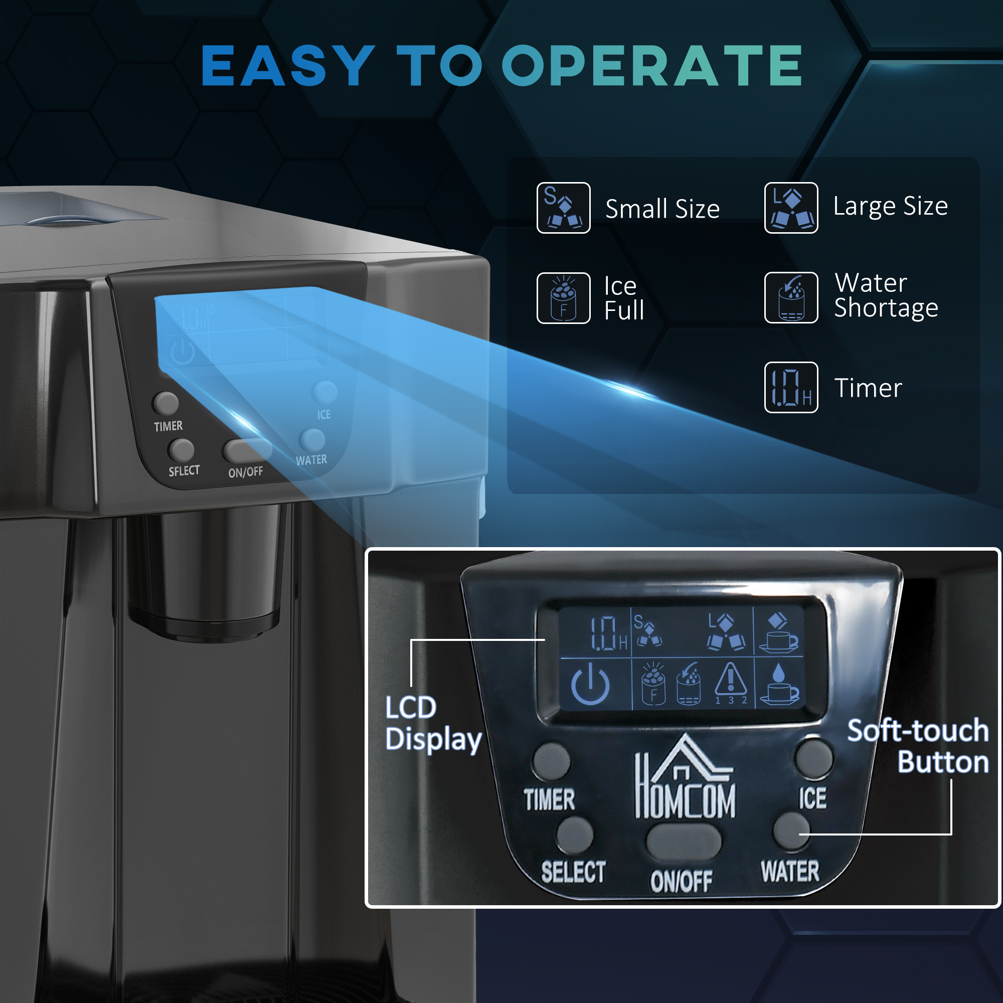 HOMCOM Ice Maker Machine and Water Dispenser, Counter Top Ice Cube Maker w/ 3L Tank, Adjustable Cube Size, 9 Ice Cubes per 6-10 Minutes