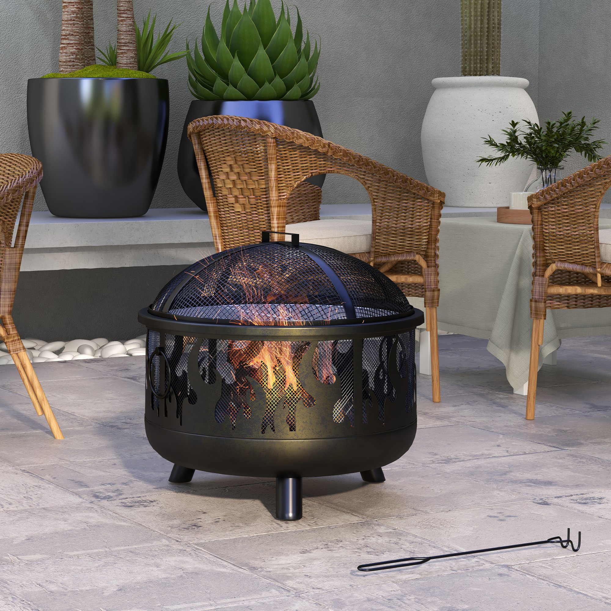 Outsunny Metal Firepit Bowl, 2-In-1 Outdoor Round Fire Pit with Lid, Grill, Poker, Handles for Camping, BBQ, Bonfire, Wood Burning, 61.5cm, Black