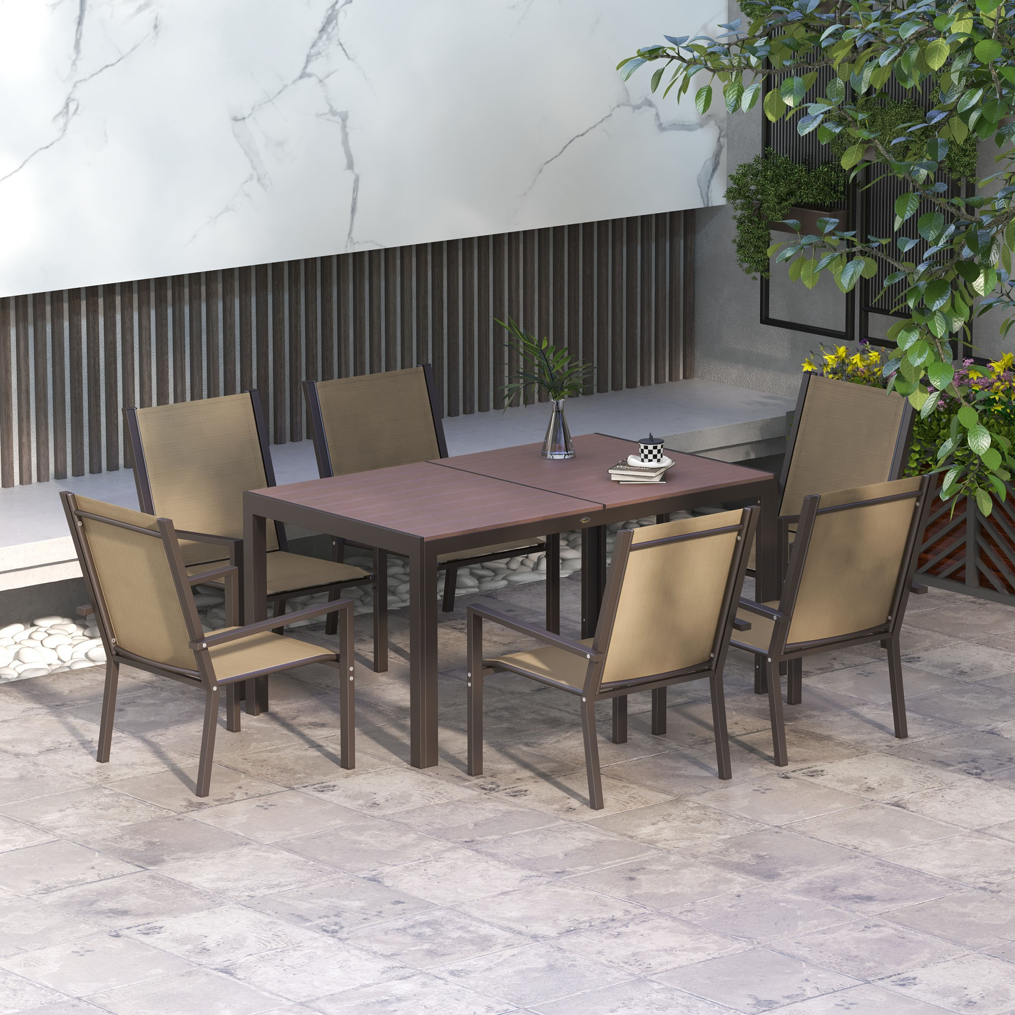 Outsunny 7 Pieces Garden Dining Set with Wood-plastic Composite Dining Table, Outdoor Table and 6 Stackable Armchairs with Texteline Seat
