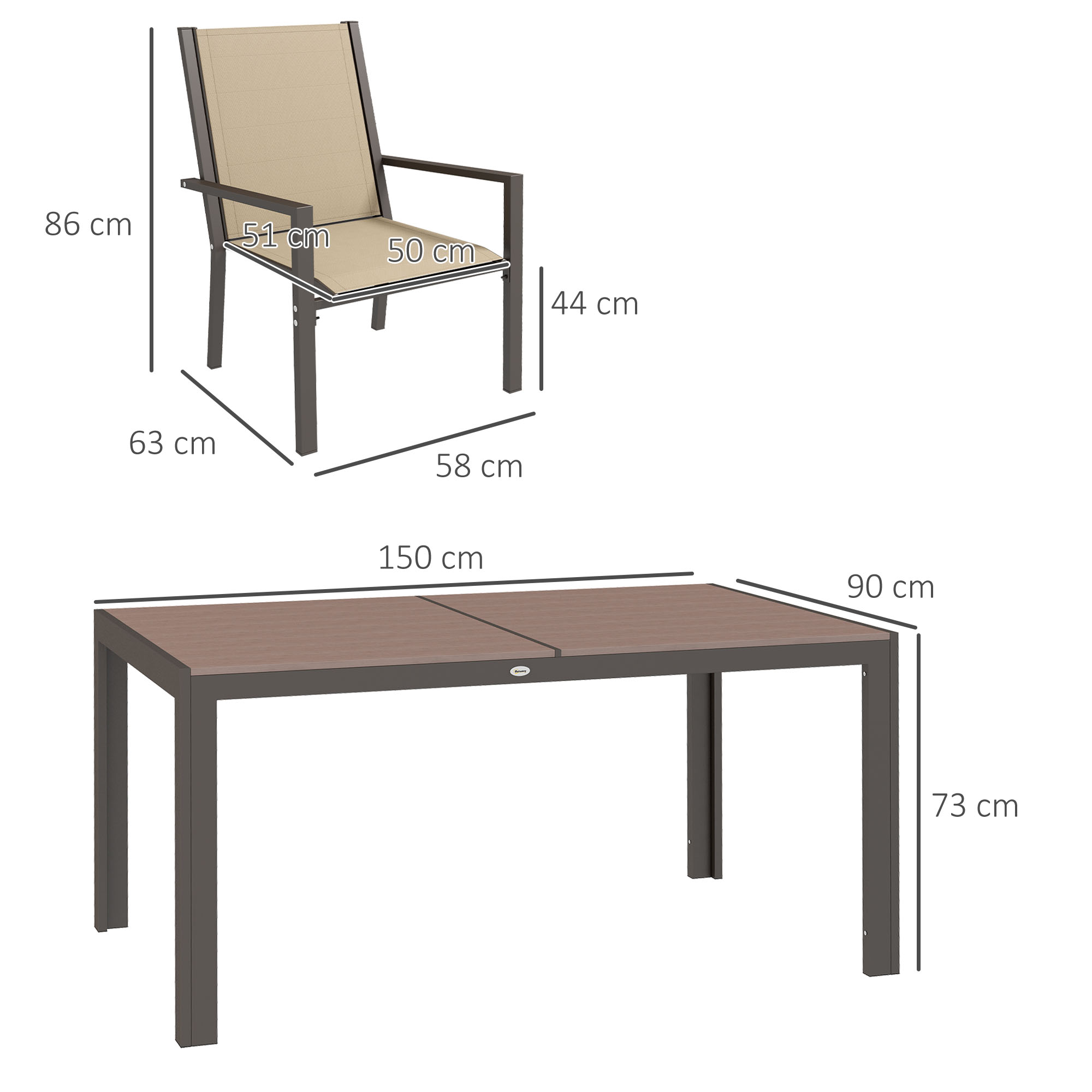 Outsunny 7 Pieces Garden Dining Set with Wood-plastic Composite Dining Table, Outdoor Table and 6 Stackable Armchairs with Texteline Seat